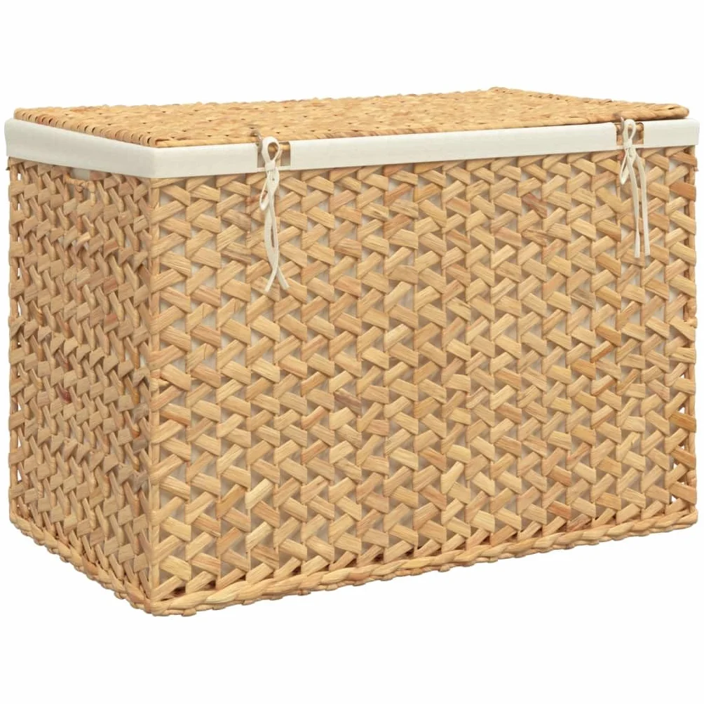 Składany 3-częściowy kosz na pranie 75 x 42,5 x 52 cm z hiacyntu wodnego z pokrywą i bocznym uchwytem, wytrzymała metalowa rama, rustykalny design do łazienki.