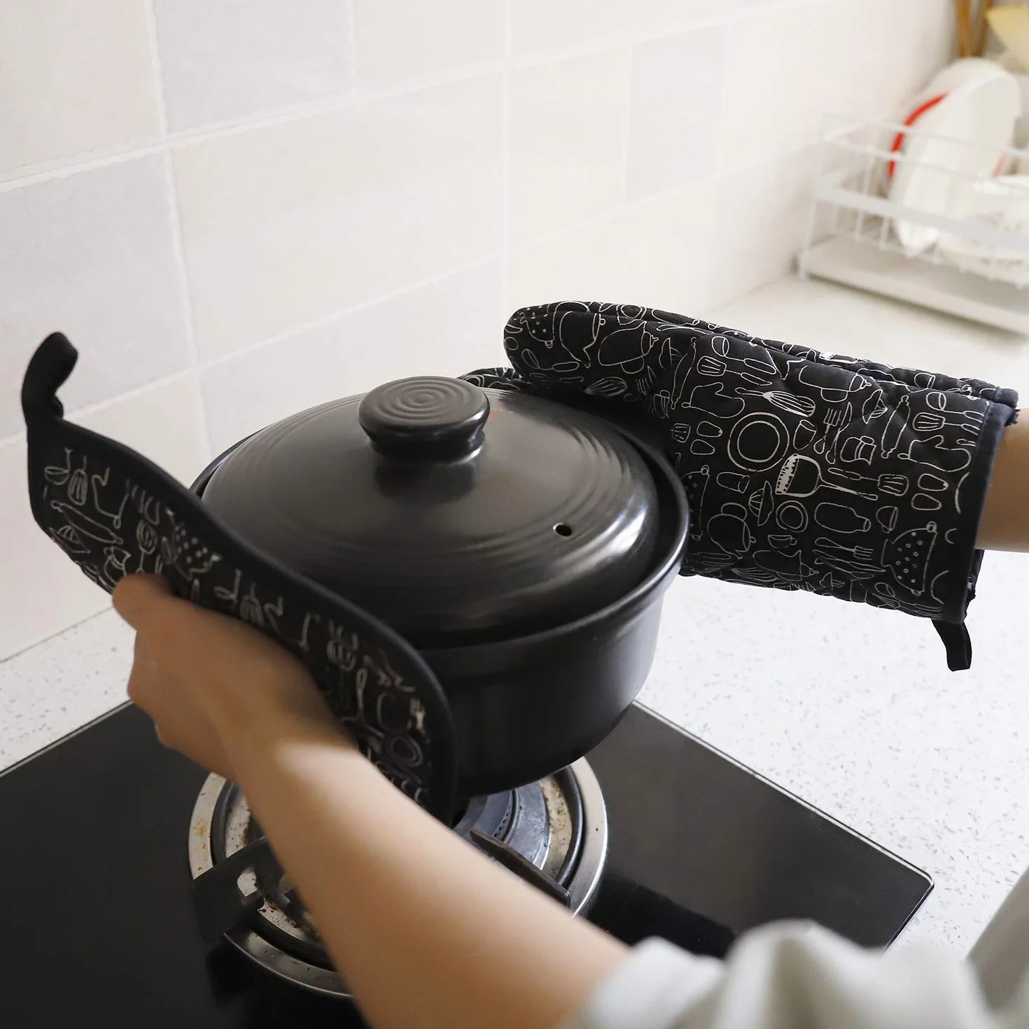 Zestaw rękawic piekarniczych i łapek do garnków, rękawice do pieczenia odporne na wysokie temperatury, 1 para rękawic kuchennych i 2 łapki do garnków, rękawice kuchenne do gotowania, pieczenia, grilla