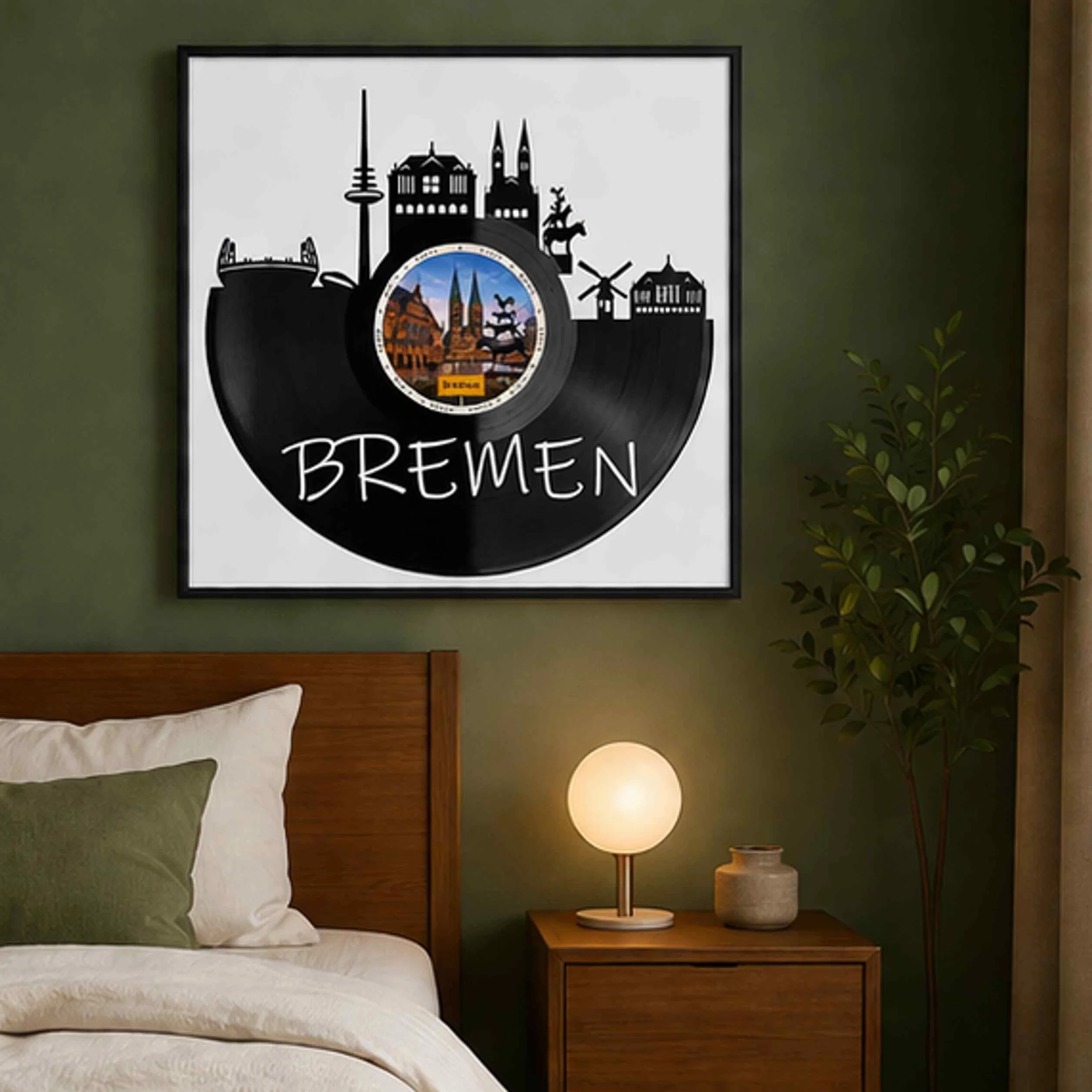 EVEVO Dekoracja ścienna z płyty gramofonowej w ramie 32 x 32 cm Brema – winylowa sztuka ścienna, Hanzestadt Skyline, prezent dla fanów Bremy, zorza polarna