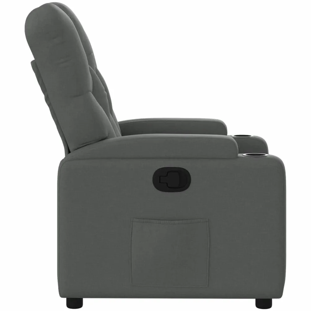 Fotel relaksacyjny, ciemnoszary, materiał z regulowanym oparciem i podnóżkiem, ergonomiczny fotel tapicerowany z drewnianą i metalową ramą, idealny do relaksu, czytania i oglądania telewizji