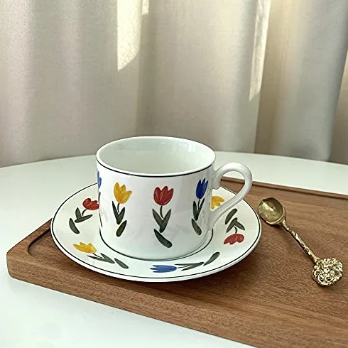 Kubek do kawy, prezent dla taty, kubek na prezent, kubek do kawy retro kwiat biały ceramiczny kubek do kawy spodek zestaw śniadanie picie filiżanka do herbaty