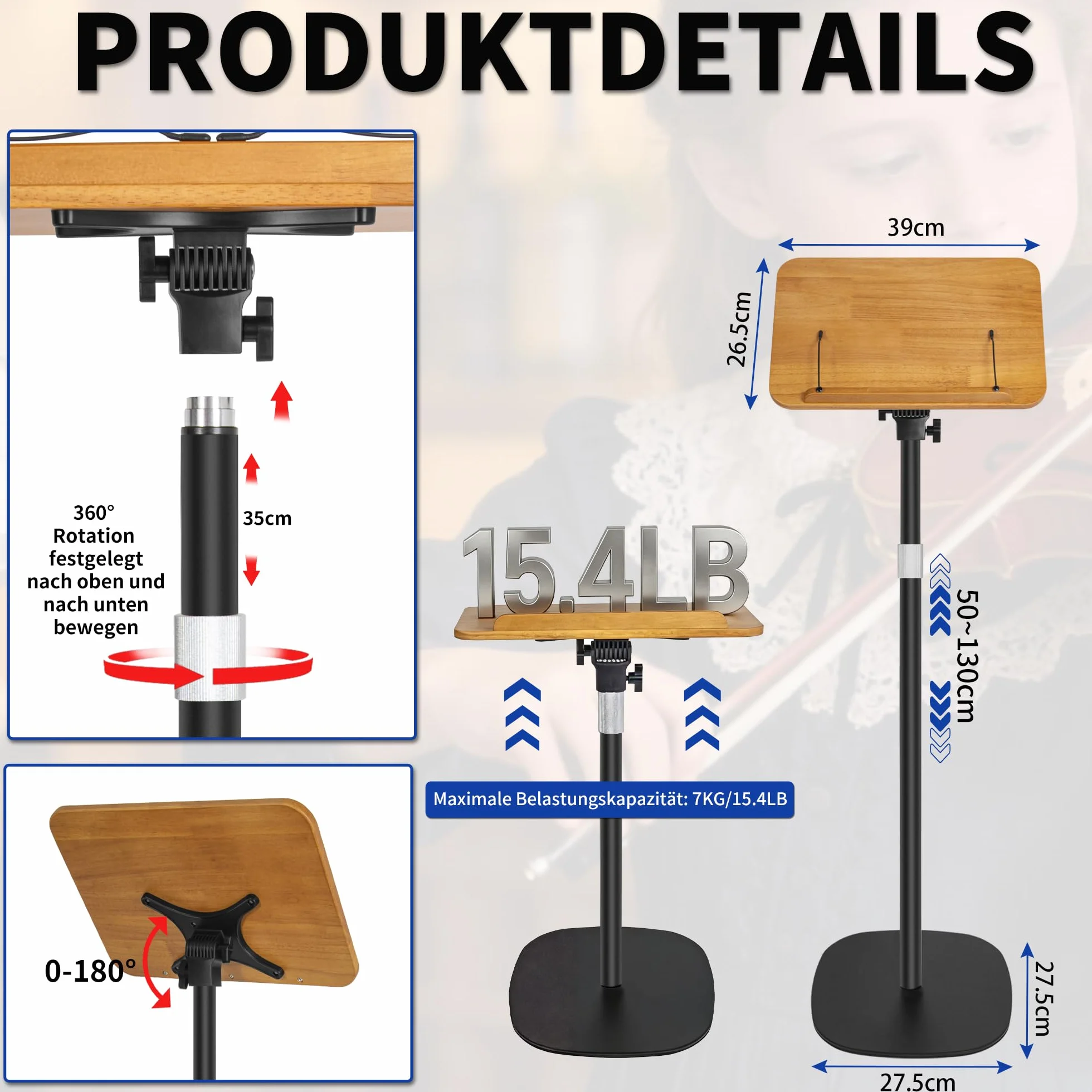 OUUTMEE Stojak do czytania, podnoszony stolik pomocniczy, regulacja kąta, metalowa struktura, laptop, książka kucharska, deska kreślarska, drewno, ruchomy pulpit mównicy, czarny, 50-130 cm