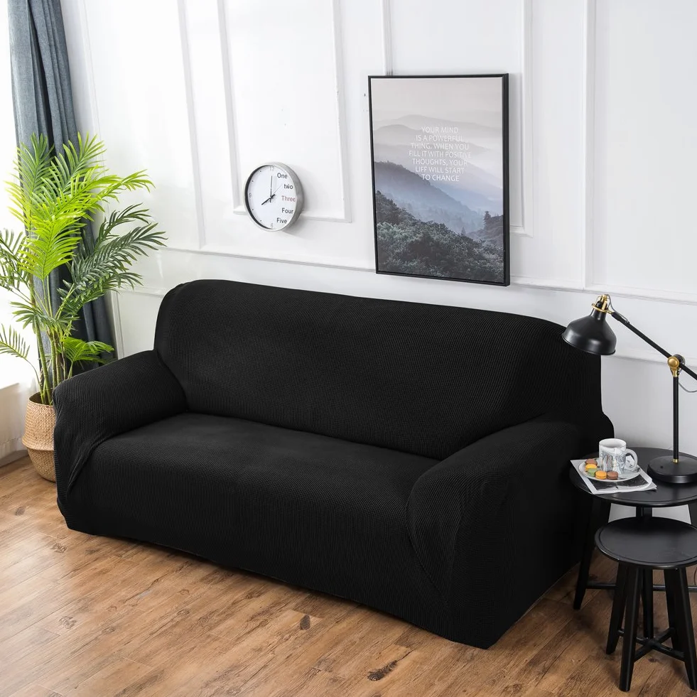 Grube pokrowce na sofę 1 2-3-4-osobowa żakardowa sofa pokrowiec antypoślizgowy łatwe dopasowanie dziewiarski poliester spandex tkanina stretch wszystkie pory roku ochraniacz na kanapę (2-osobowa: 140-185 cm, czarny)