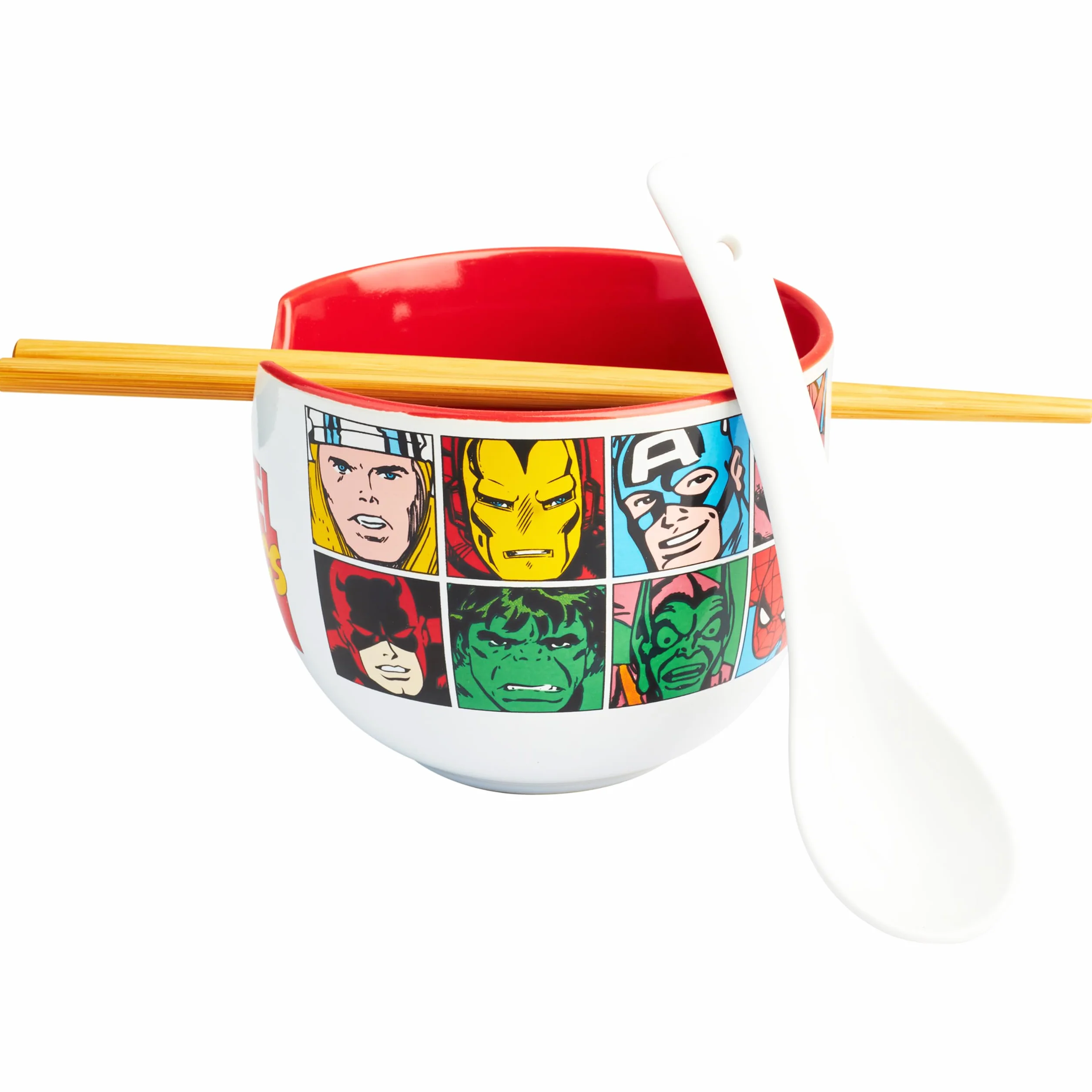 Get Trend Marvel Zestaw miseczek ramenowych 600 ml, japońska miska do makaronu z ceramiczną łyżką, bambusowe pałeczki, kompatybilna z mikrofalówką, prezent superbohatera