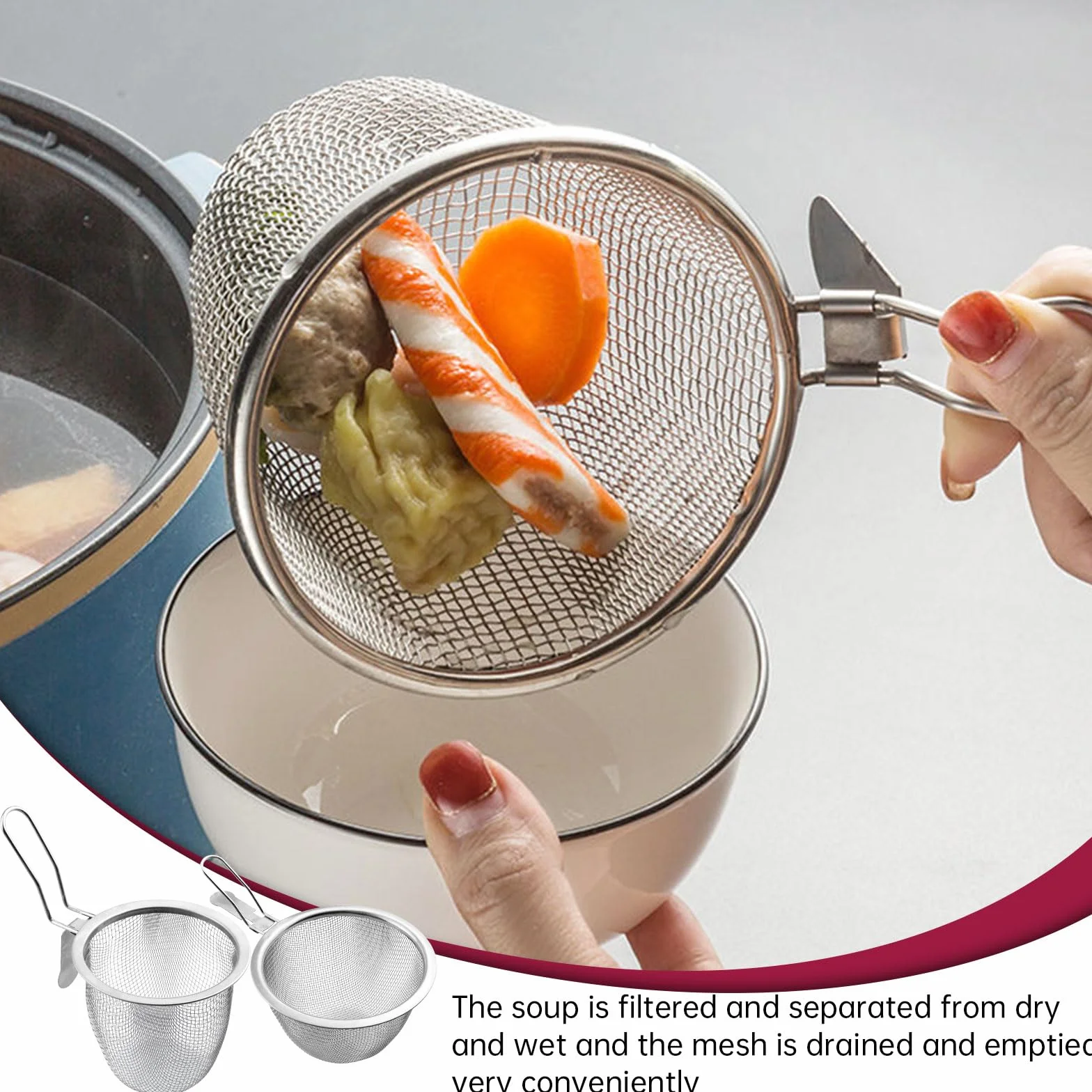 2 sztuki sita do fondue, stalowy kosz na makaron z uchwytem, kosz do smażenia do gotowania i smażenia, z haczykami (2 rozmiary, srebrny)