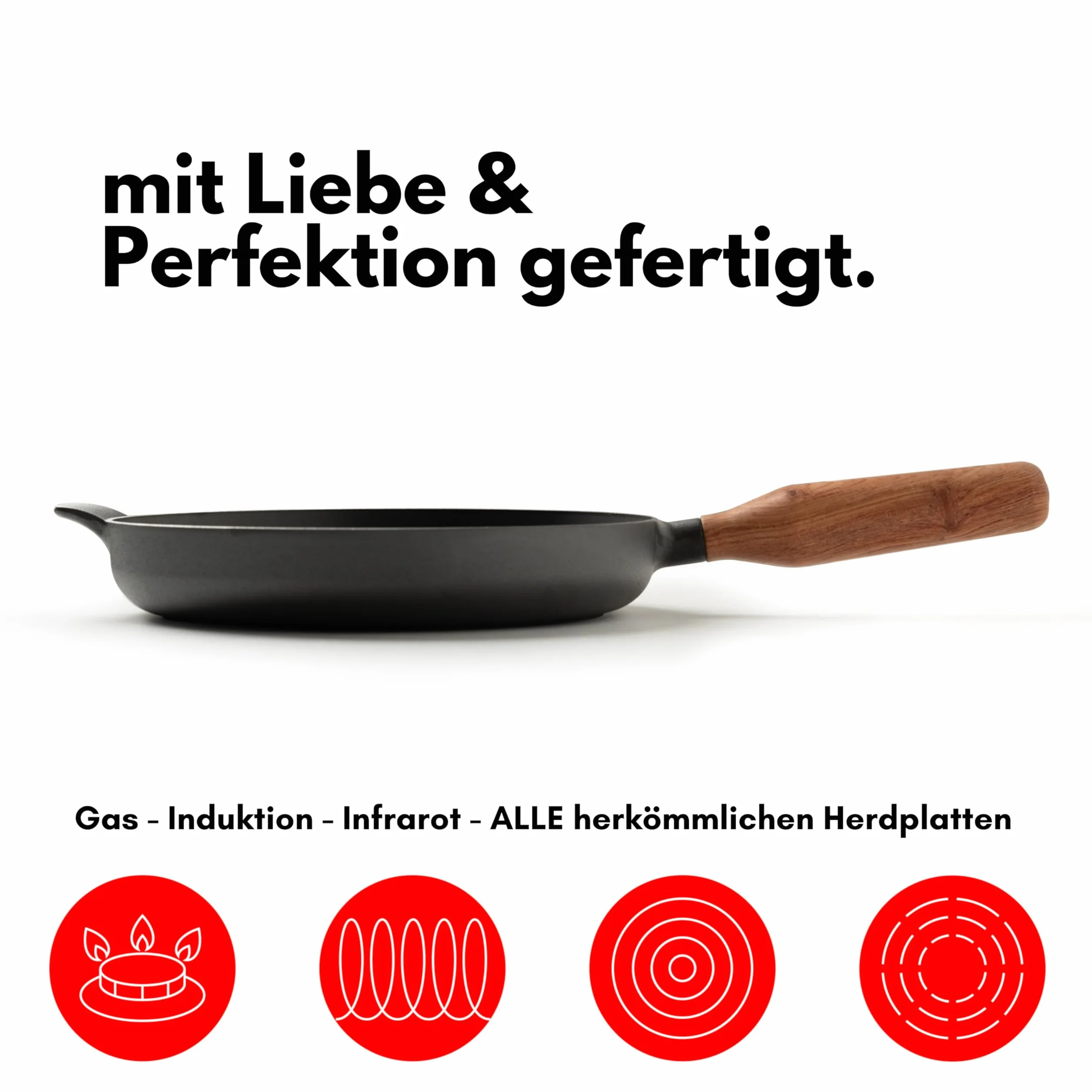 JAXX ROADHOUSE Die Patelnia do smażenia – doskonała premium żeliwna patelnia indukcyjna 26 cm, ręcznie wykonany drewniany uchwyt, wszystkie rodzaje kuchenek, wstępnie wypalana (drewno orzechowe)