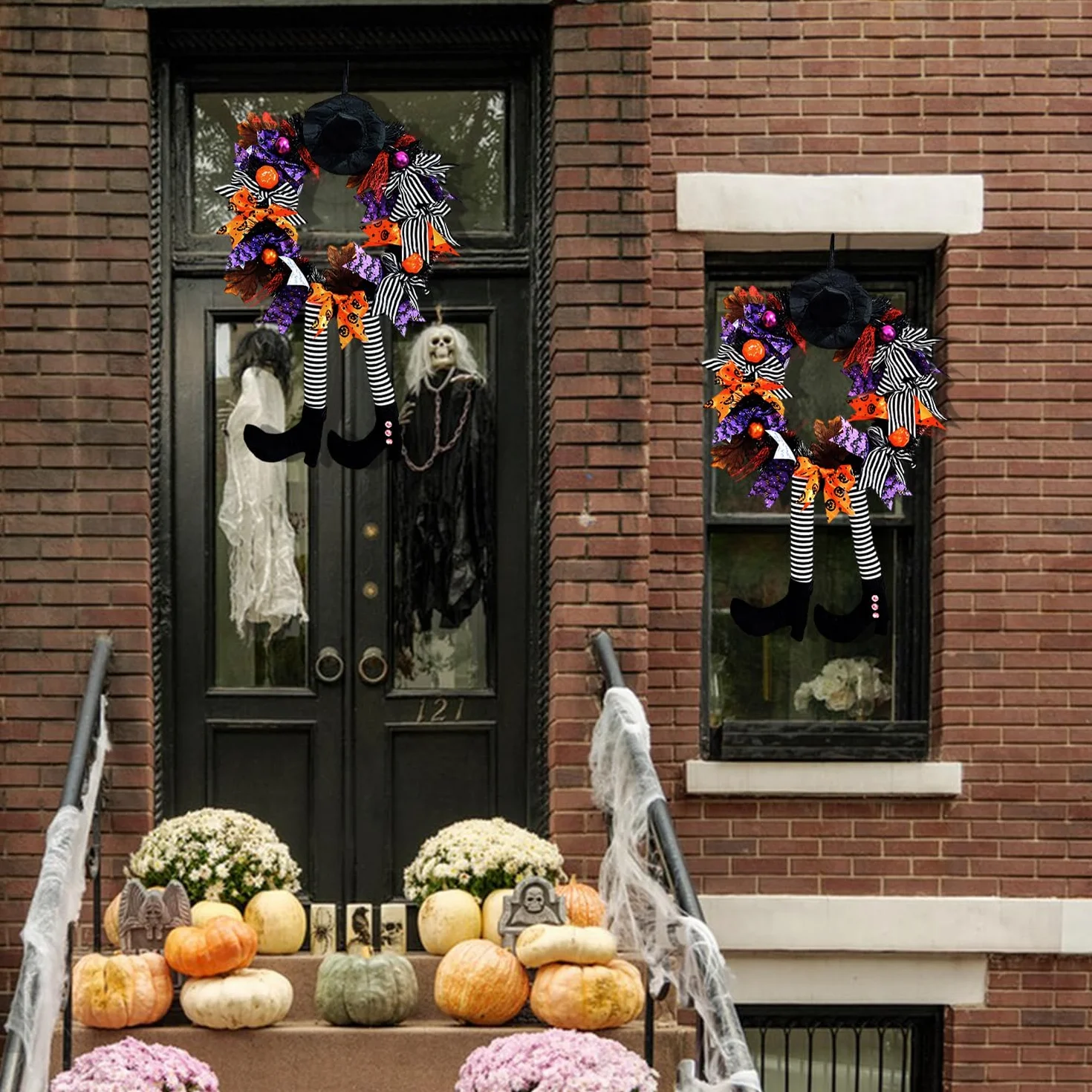 chenyu Dekoracje na drzwi Halloween Wieniec czarownic 62 cm Halloween Dekoracje Kapelusz Czarownicy z dyni Łapy Dyni Wiszące Dekoracje Kominkowe Pokoje