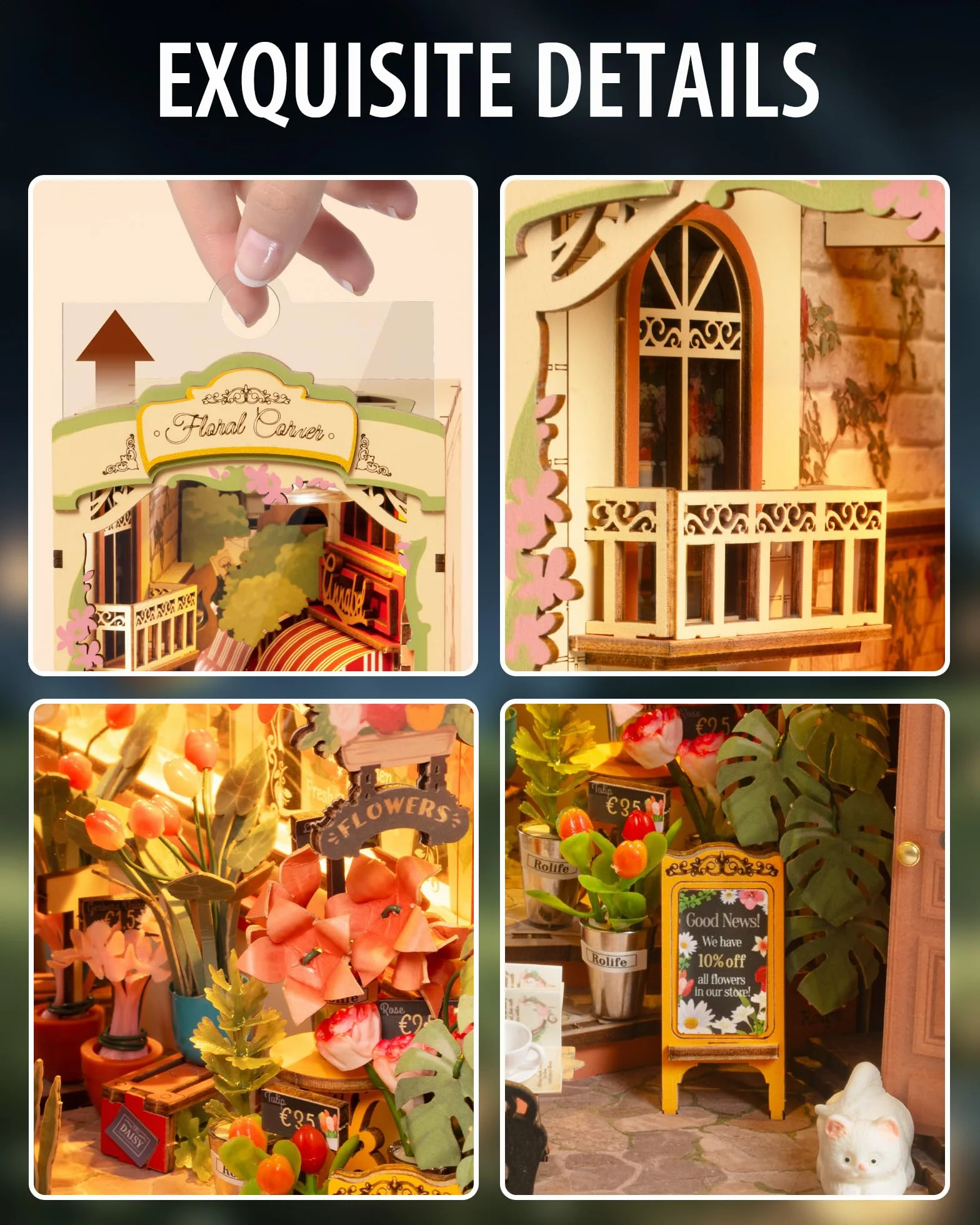 Rolife Zestaw Book Nook Kwiatowy Zakamarek z lampkami LED DIY Miniaturowy Zestaw Domku Drewniane Puzzle 3D dla Dorosłych do Budowania Dekoracja Półki na Książki Prezent na Boże Narodzenie i Urodziny