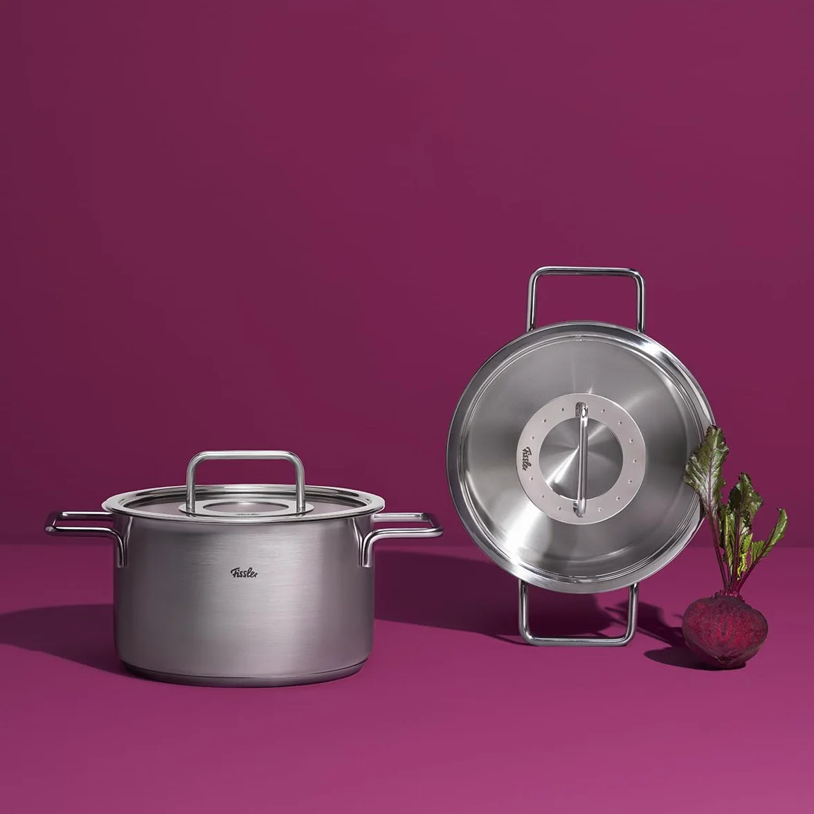 Fissler Pure Collection zestaw garnków ze stali nierdzewnej, 4-częściowy, garnki z metalową pokrywką (3 garnki, 1 garnek do pieczenia) – indukcja, duże