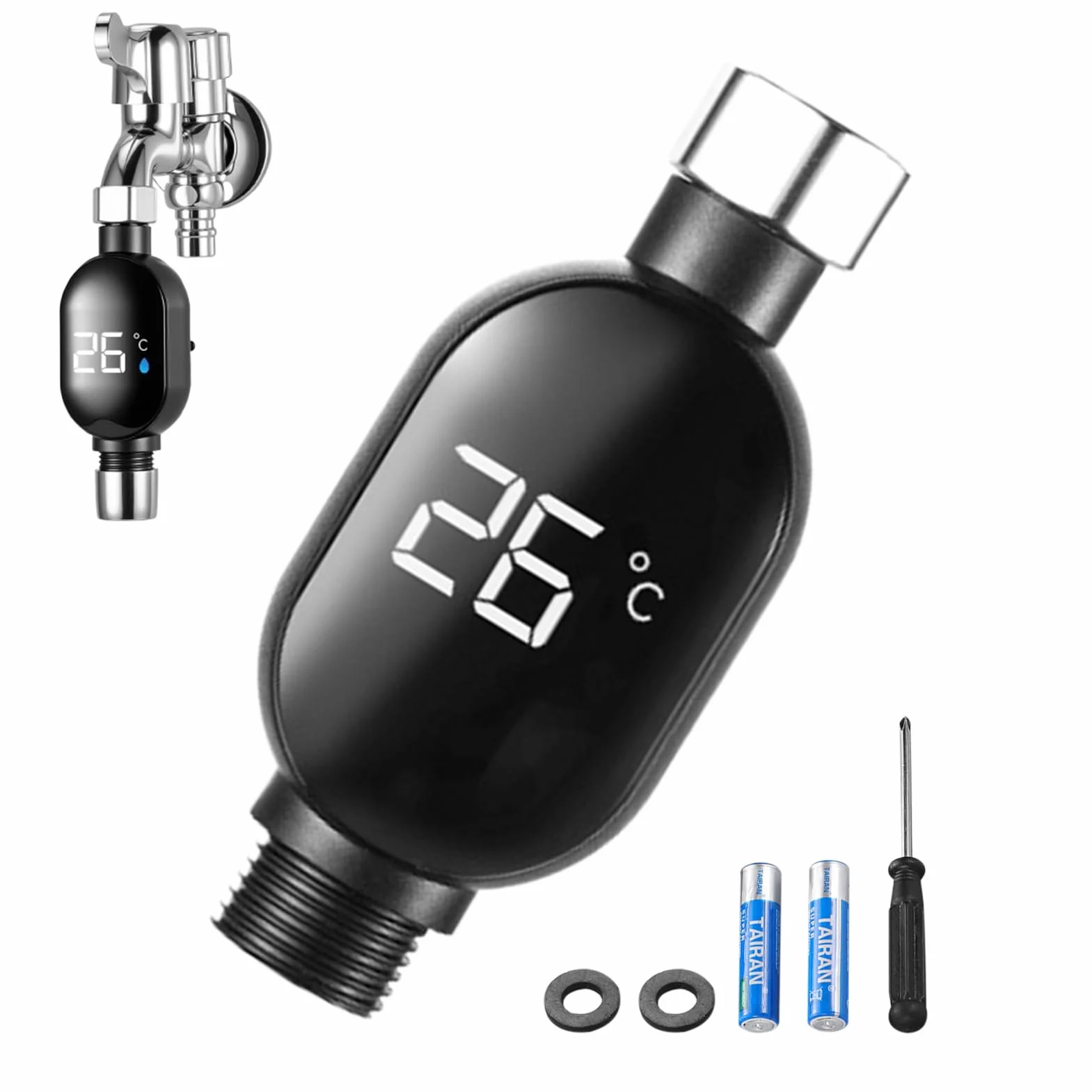 Shower Temperature Gauge, Led Water Thermometer, Instant-Read Digital Display, Waterproof Modern Design, Hotel Bathroom Kitchen Use, 0–99? 1/2 Inch Connector, Silver, 1 Piece