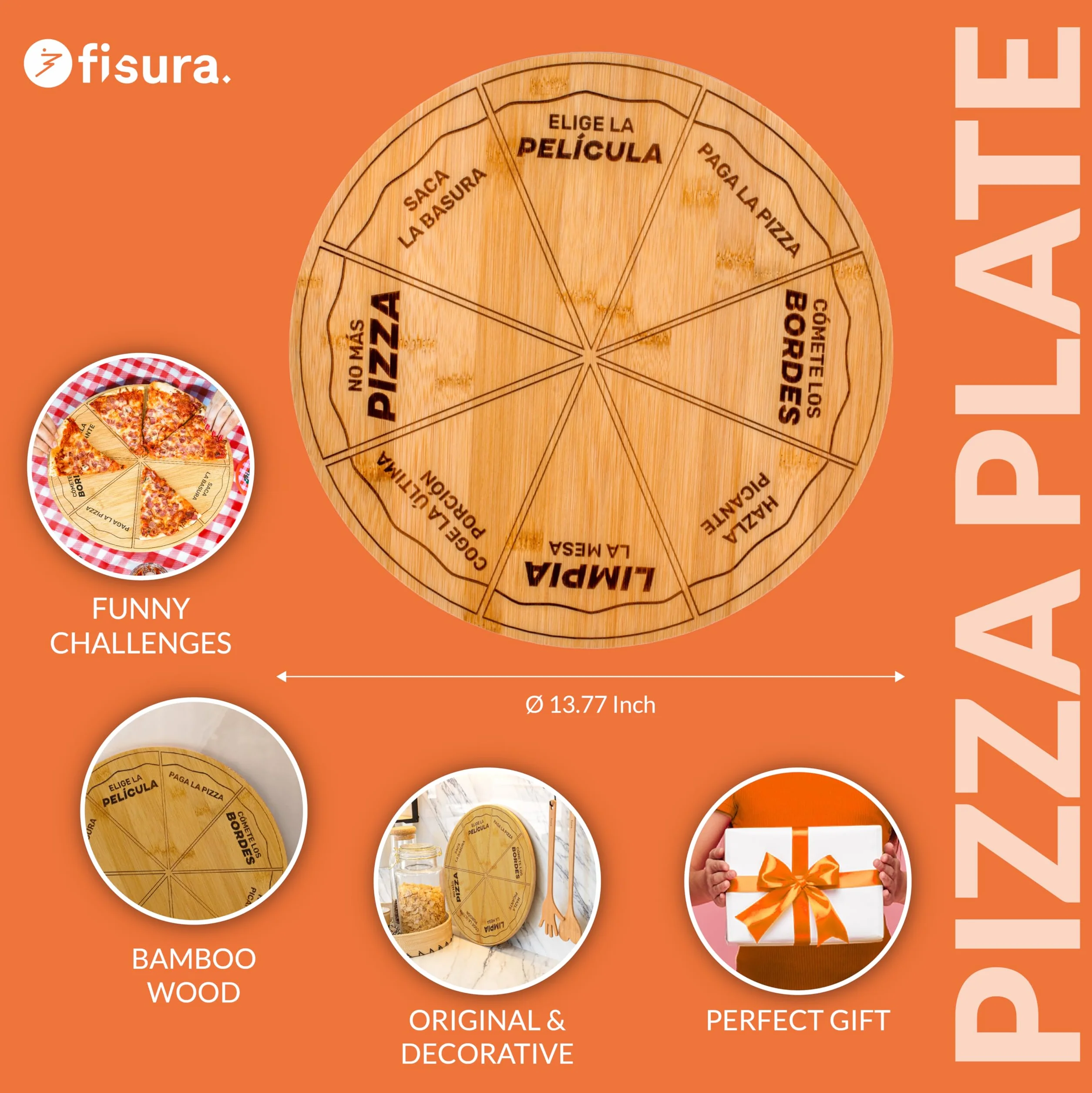 Fisura – Oryginalna taca do pizzy. Taca na pizzę z zabawnymi wiadomościami po hiszpańsku. Okrągła deska z równymi porcjami z drewna bambusowego. Średnica 35 cm.