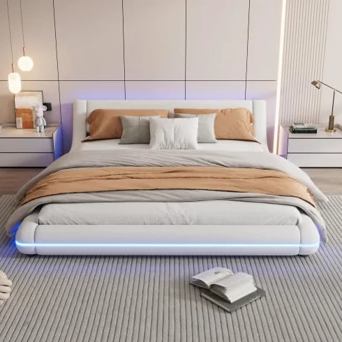 vutizal Łóżko podłogowe 160 x 200 cm z oświetleniem RGB LED sterowanym za pomocą aplikacji, nowoczesne płaskie łóżko z pilotem zdalnego sterowania i oświetleniem otoczenia | w kolorze białym, łącznie