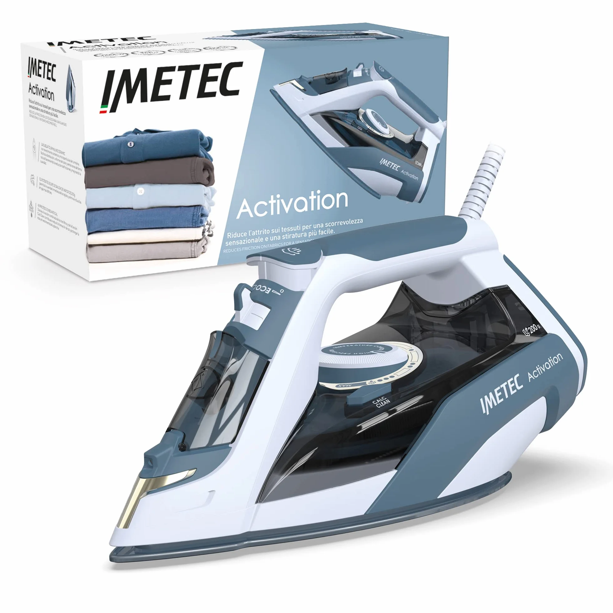 Imetec Activation, żelazko parowe, ceramiczna i turmalinowa płyta przesuwna, efekt prasowania 200 g, technologia przeciwodwapienna ZeroCalc, technologia Eco, 2400 W