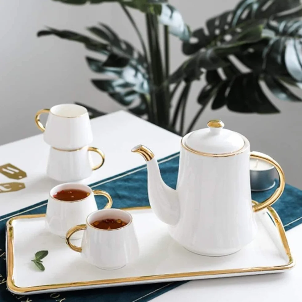 Zestaw Herbaty 8 Sztuk Zestaw Do Herbaty Styl Europejski Szkliwione Porcelanowe Serwisy Kubki I Taca Na Kawę Popołudniowa Herbata Drinkware Kawy Dzbanek do Filiżanki(White)