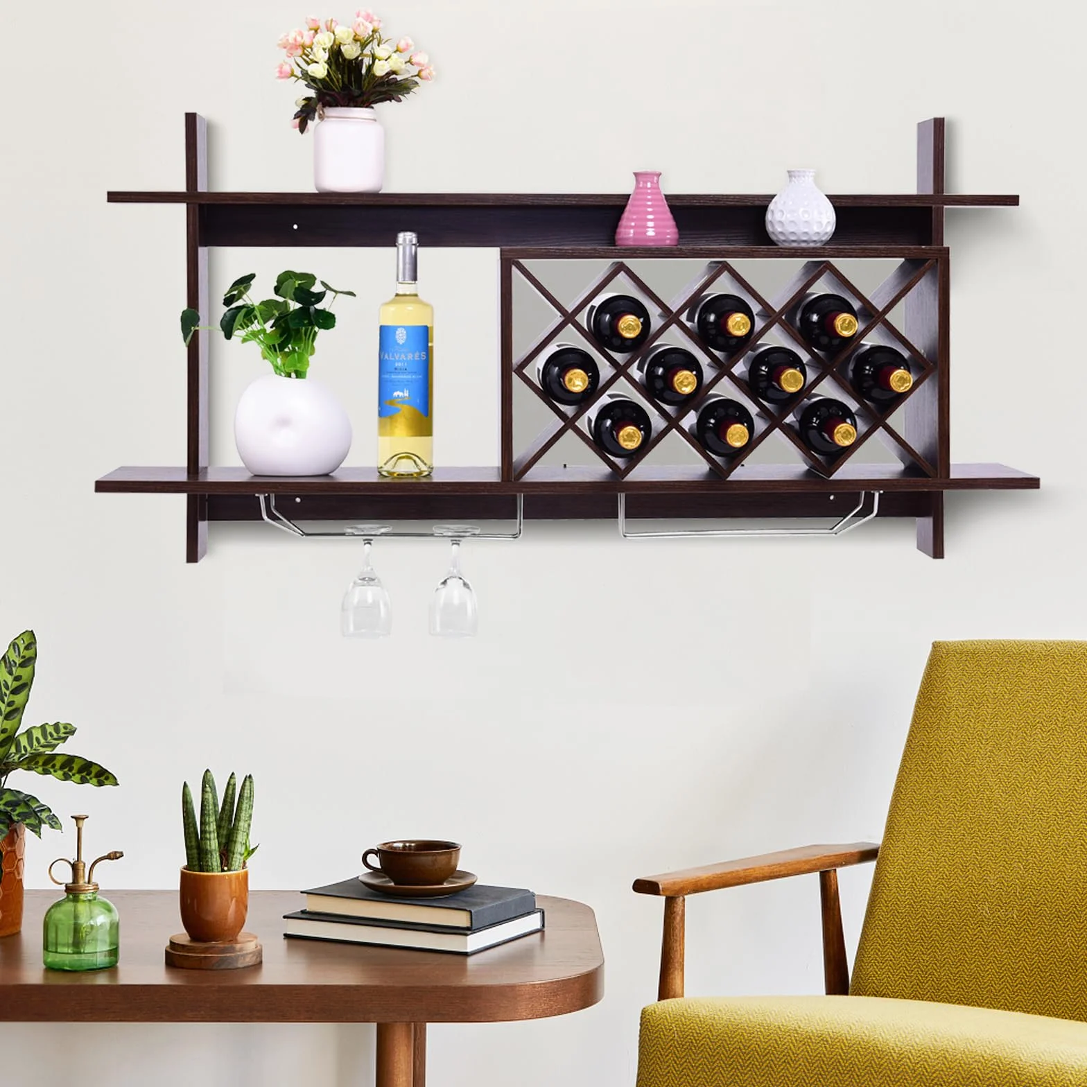 KOMFOTTEU Regał ścienny na 10 butelek, wiszący regał na wino z 2 uchwytami na kubki, uchwyt na butelki, montaż ścienny, 120 x 58 x 20 cm, drewniany regał do kuchni, piwnicy
