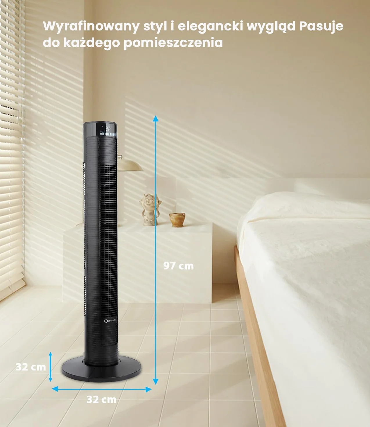 PureMate Cichy Wentylator Kolumnowy z Pilotem Zdalnego Sterowania, Wieżowy Stojący Podłogowy, 45W, Wysokość 97 cm, Bezśmigłowy Bezłopatkowy Chłodzący, Automatyczna Oscylacja 70°, 12h Timer
