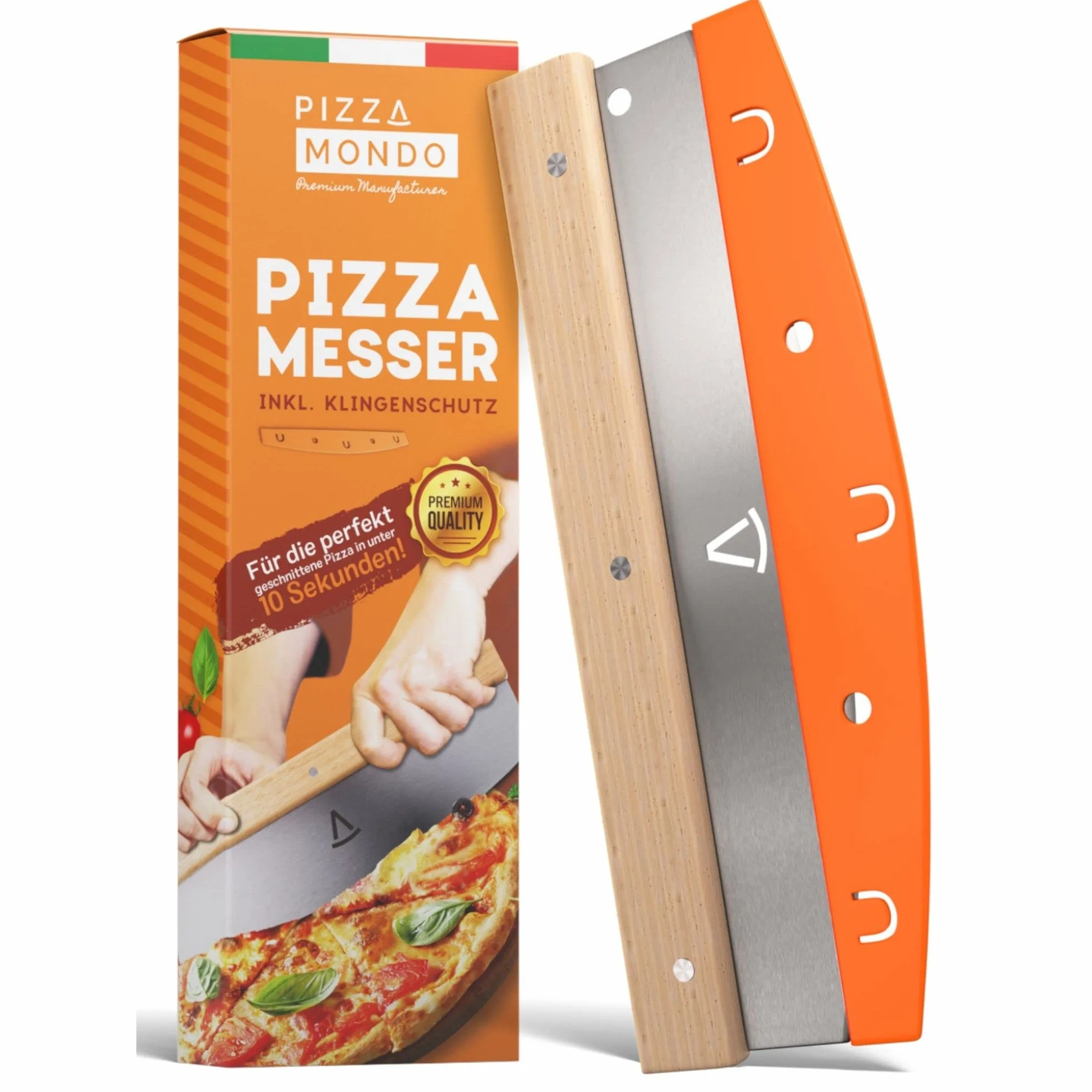 Pizza Mondo® Nóż do Pizzy - Profesjonalny nóż do krojenia pizzy (tasak do pizzy) bardziej skuteczny niż wałek do pizzy I Nóż do pizzy ze stali nierdzewnej 32cm drewniany uchwyt I Szybkie równe cięcie