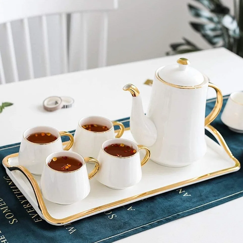 Zestaw Herbaty 8 Sztuk Zestaw Do Herbaty Styl Europejski Szkliwione Porcelanowe Serwisy Kubki I Taca Na Kawę Popołudniowa Herbata Drinkware Kawy Dzbanek do Filiżanki(White)