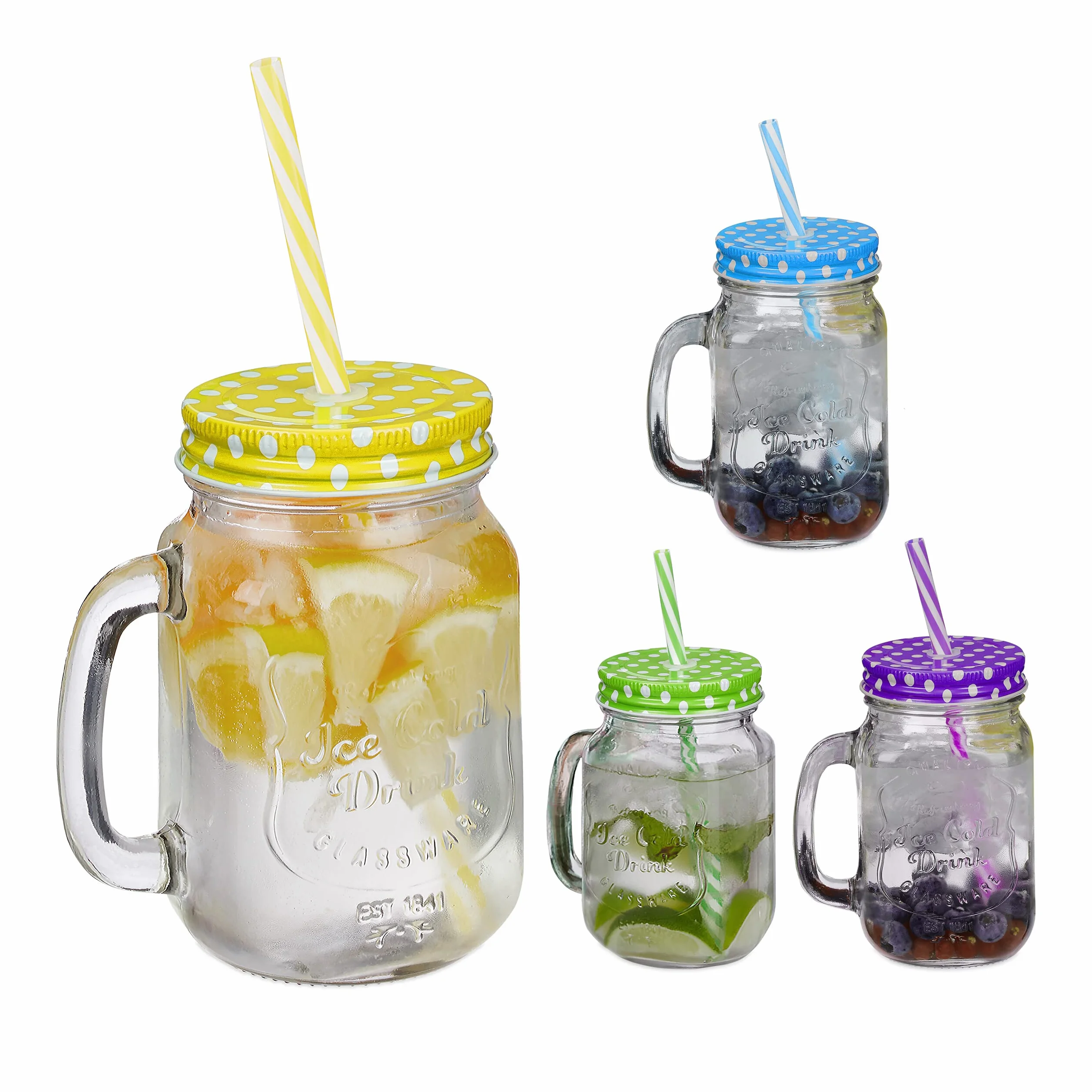 Relaxdays zestaw 4 słoików ze słomkami, retro szklanki na napoje z uchwytami, po 500 ml, idealne na lato, kolorowy