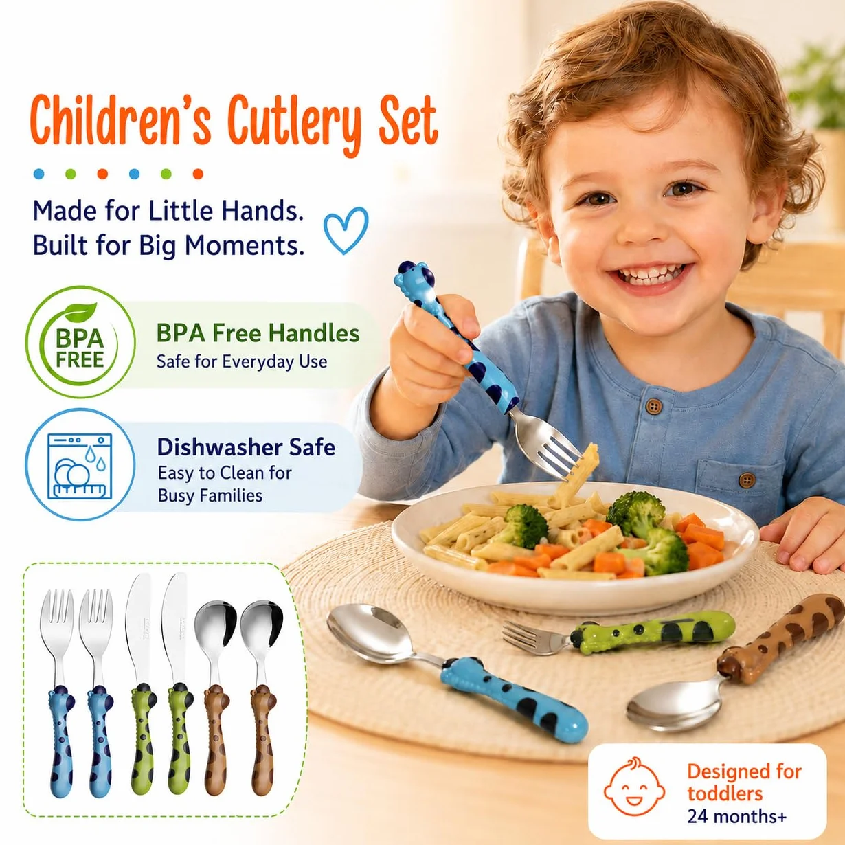 EXZACT dzieci sztućce 6 szt stal nierdzewna dzieci żyrafa 24M+ | do zmywarki BPA bez uchwyty łatwy chwyt Toddlers codzienny posiłki pokój dziecięcy Utensil sztućce łyżki widelce noże
