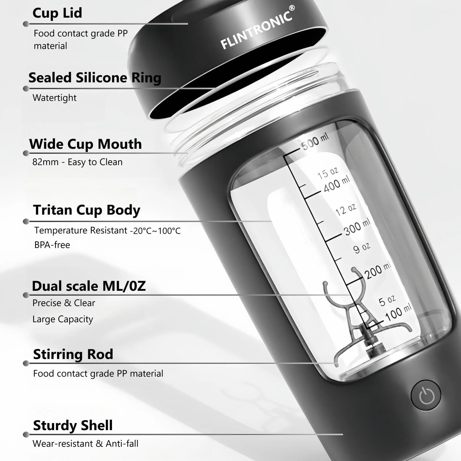 flintronic 650 ml, elektryczny shaker proteinowy, 650 ml, automatyczny mikser białek, napełniany przez USB C, do koktajli proteinowych, bez BPA
