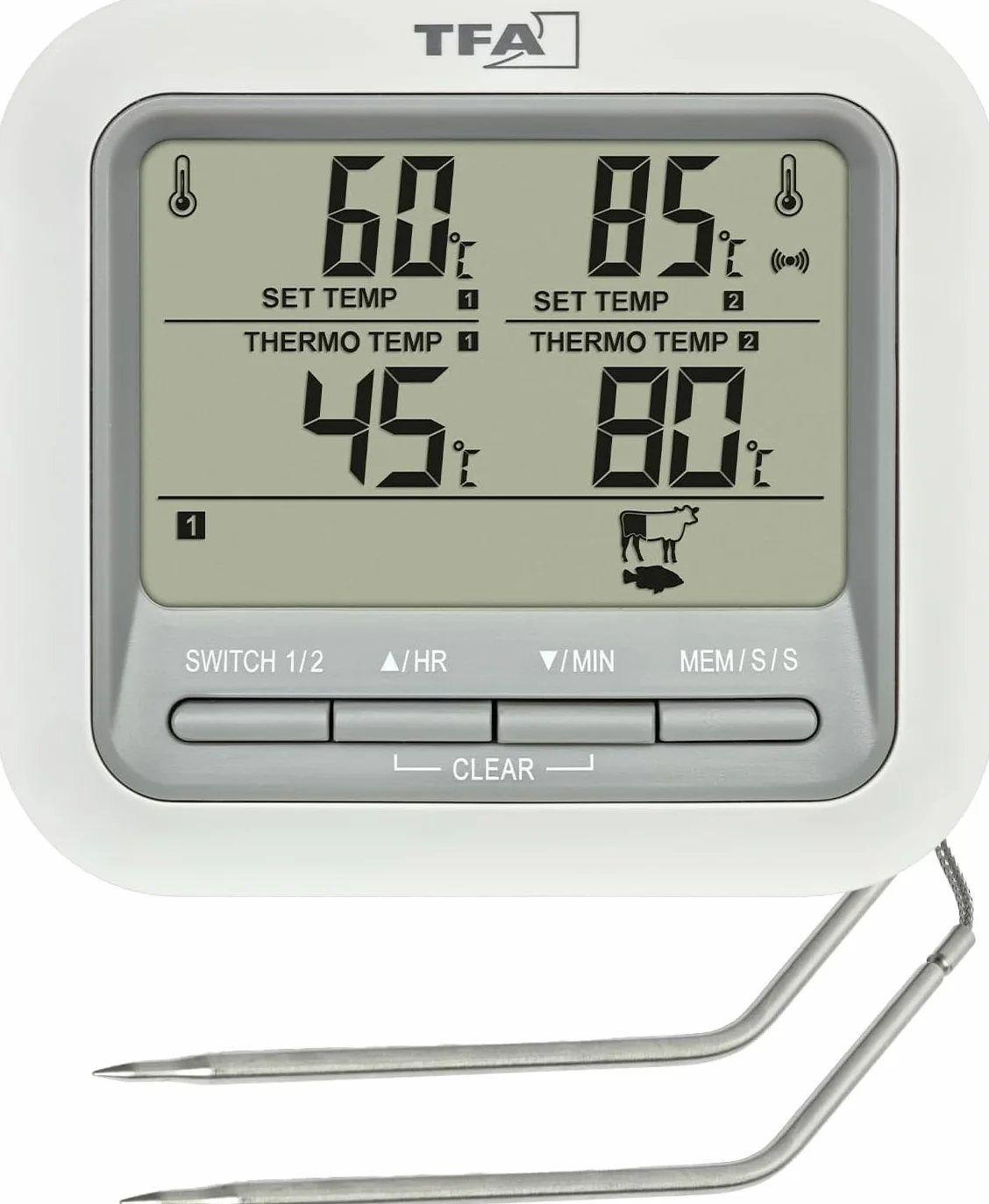 TFA Dostmann Cyfrowy termometr do grilla i pieczenia, 14.1516, z 2 sondami ze stali nierdzewnej, termometr do mięsa do piekarnika+grilla, do 300°C, z funkcją alarmową, wołowina/wieprzowina/kurczak
