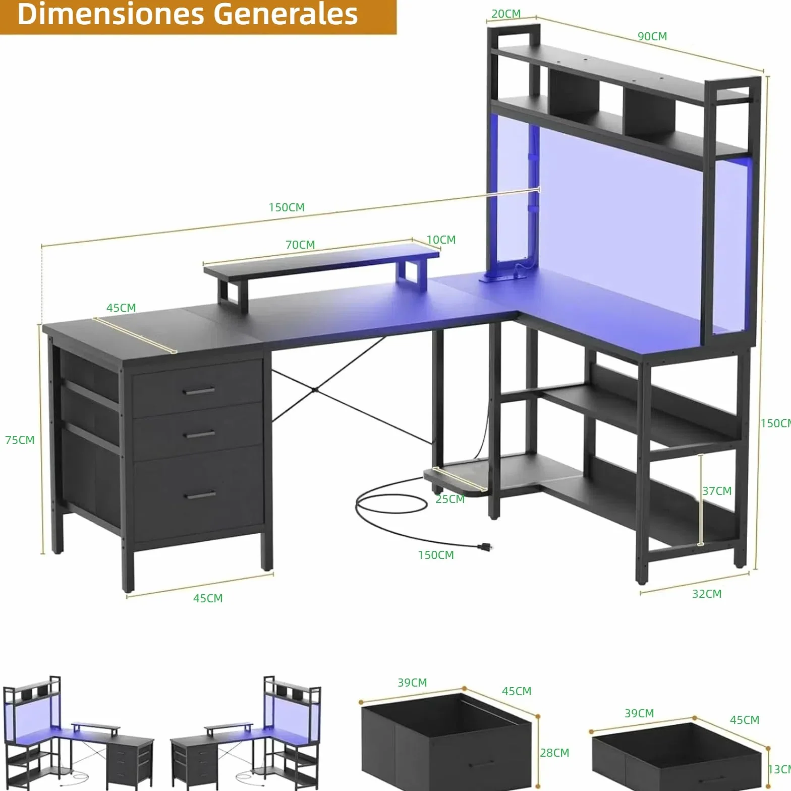 iSunirm Biurko do gier z gniazdkami elektrycznymi, biurko komputerowe ze stojakiem na monitor i haczykami, domowe biurko z półką do przechowywania, do nauki, zabawy, pracy, domu, biura, czarne