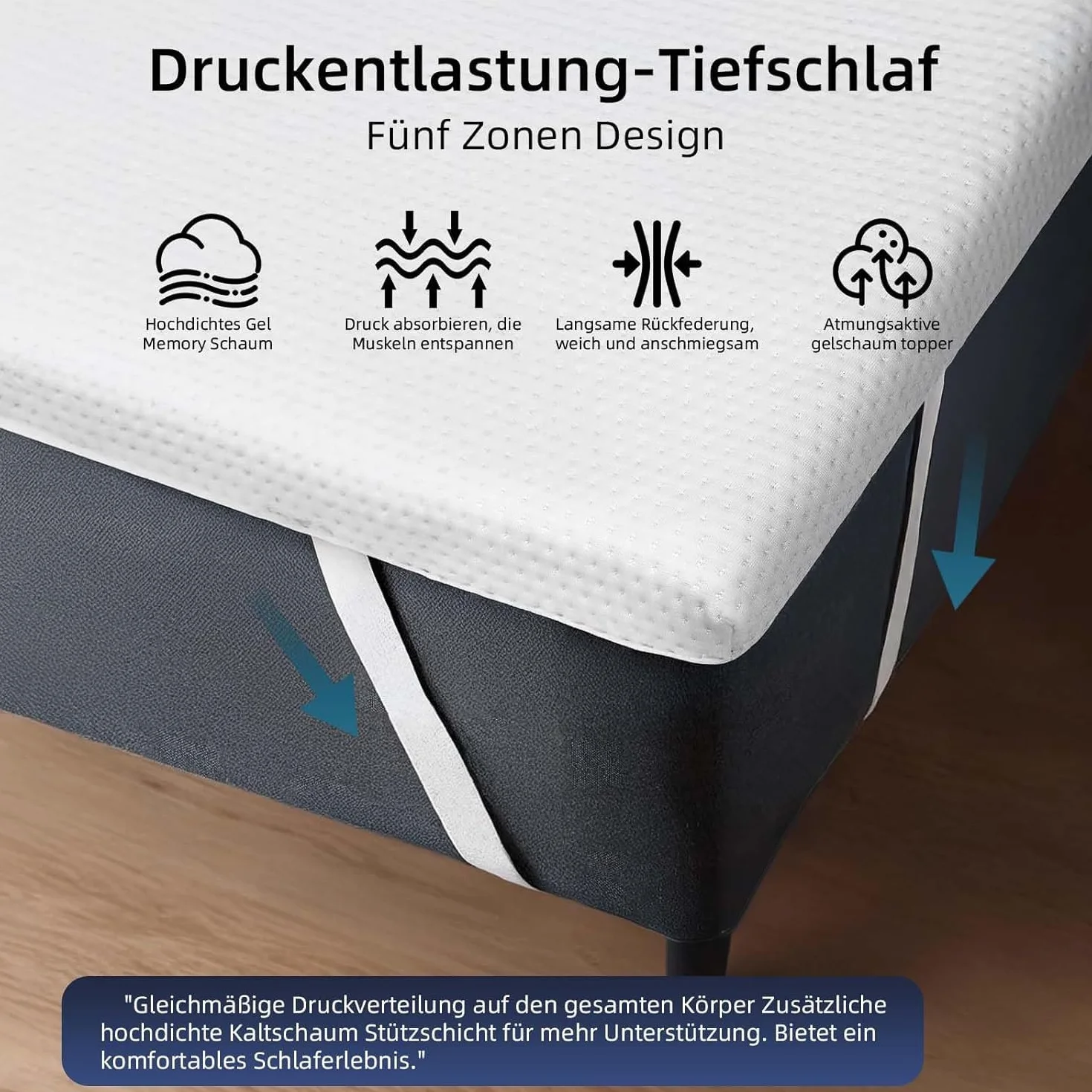 Nakładka na materac żelowa 140 x 200 cm H2 i H3 o wysokości 6 cm z wygodnej pianki żelowej, zdejmowany pokrowiec, certyfikat Oeko-Tex, Certipur-US, Reach (140 x 200 x 6)