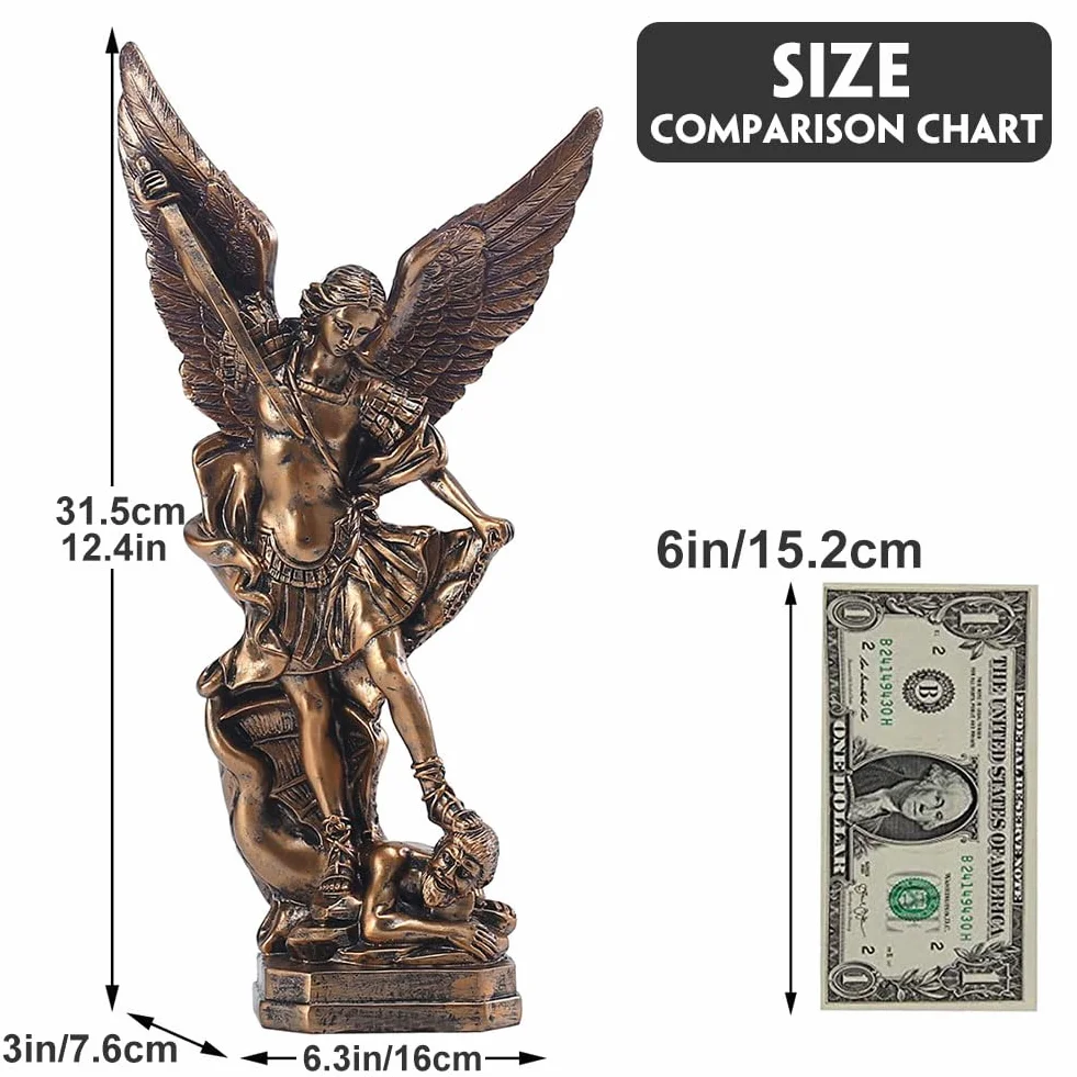 QIANLING 31,8 cm San Miguel Statuetka Archanioła, Statua św. Michała z żywicy pokrytej brązem, Święty Michał Archanioł zwycięstwo nad kolekcją szatana, nadaje się do kolekcji lub dekoracji