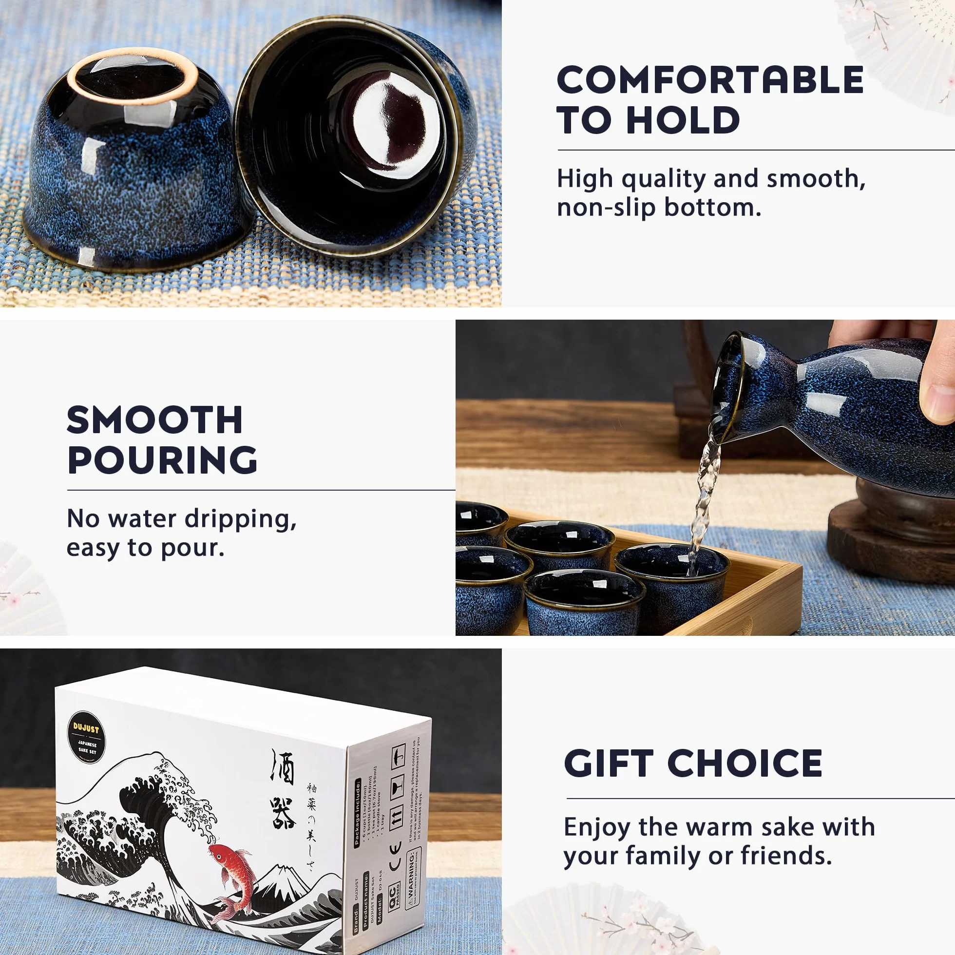 DUJUST 11-częściowy japoński zestaw do sake dla 6 osób, wypalane w piecu porcelanowe naczynia do sake, 6 filiżanek, 1 butelka, 1 podgrzewacz, 1 kuchenka na świecę, 1 taca i 1 pudełko, ciepła karafka