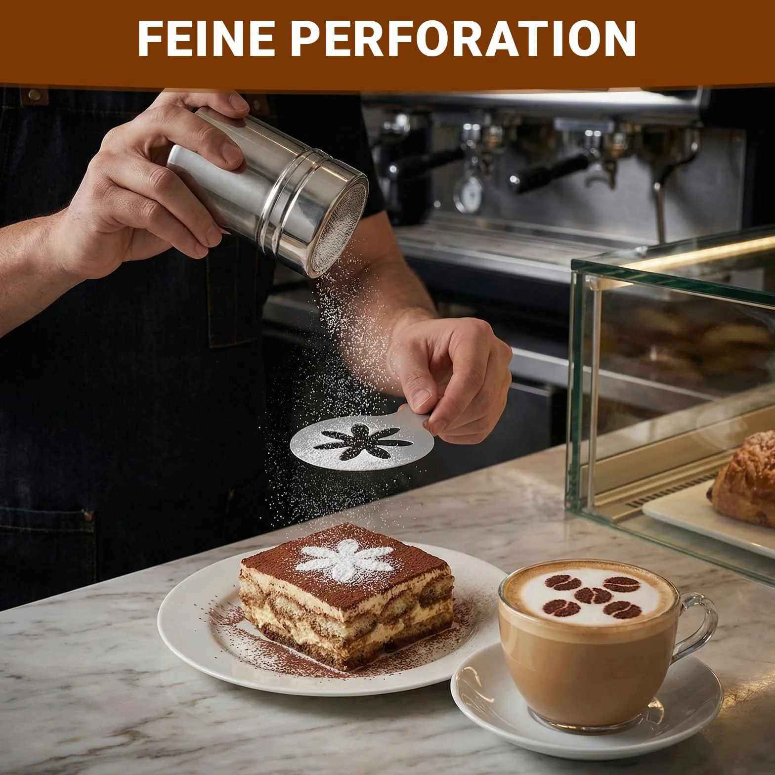 2 sztuki cukierniczek do kakao, ze stali nierdzewnej, z pokrywką utrzymującą świeżość i 16 części, szablony do cappuccino, 10 naklejek Crayful, solniczka do kakao, sitko do cappuccino