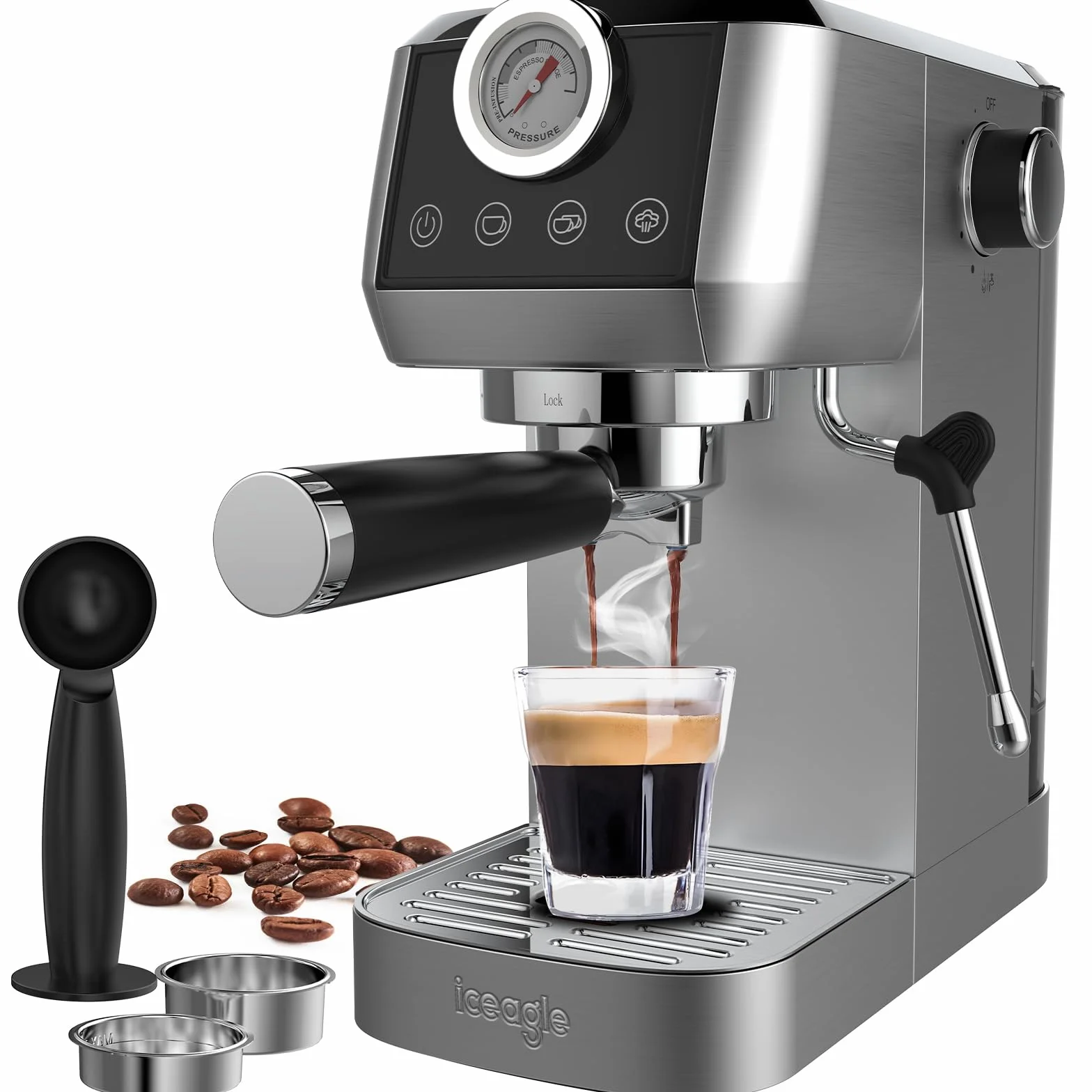 iceagle Ekspres do espresso CM1665B z włoską pompką 20 bar, sitko, stal nierdzewna, ekspres do kawy do cappuccino, latte, ekran dotykowy ze wskaźnikiem ciśnienia, zbiornik na wodę 1,3 l