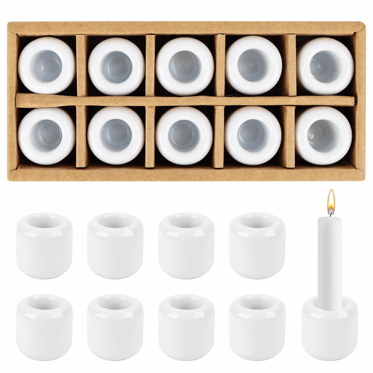 Ceramiczny świecznik na świece, świece prętowe, białe, 10 sztuk, 1,8 cm otwór, mini świecznik, nadaje się do ceremonii ołtarza, oświetlenie świec, dekoracja wnętrz (biały)