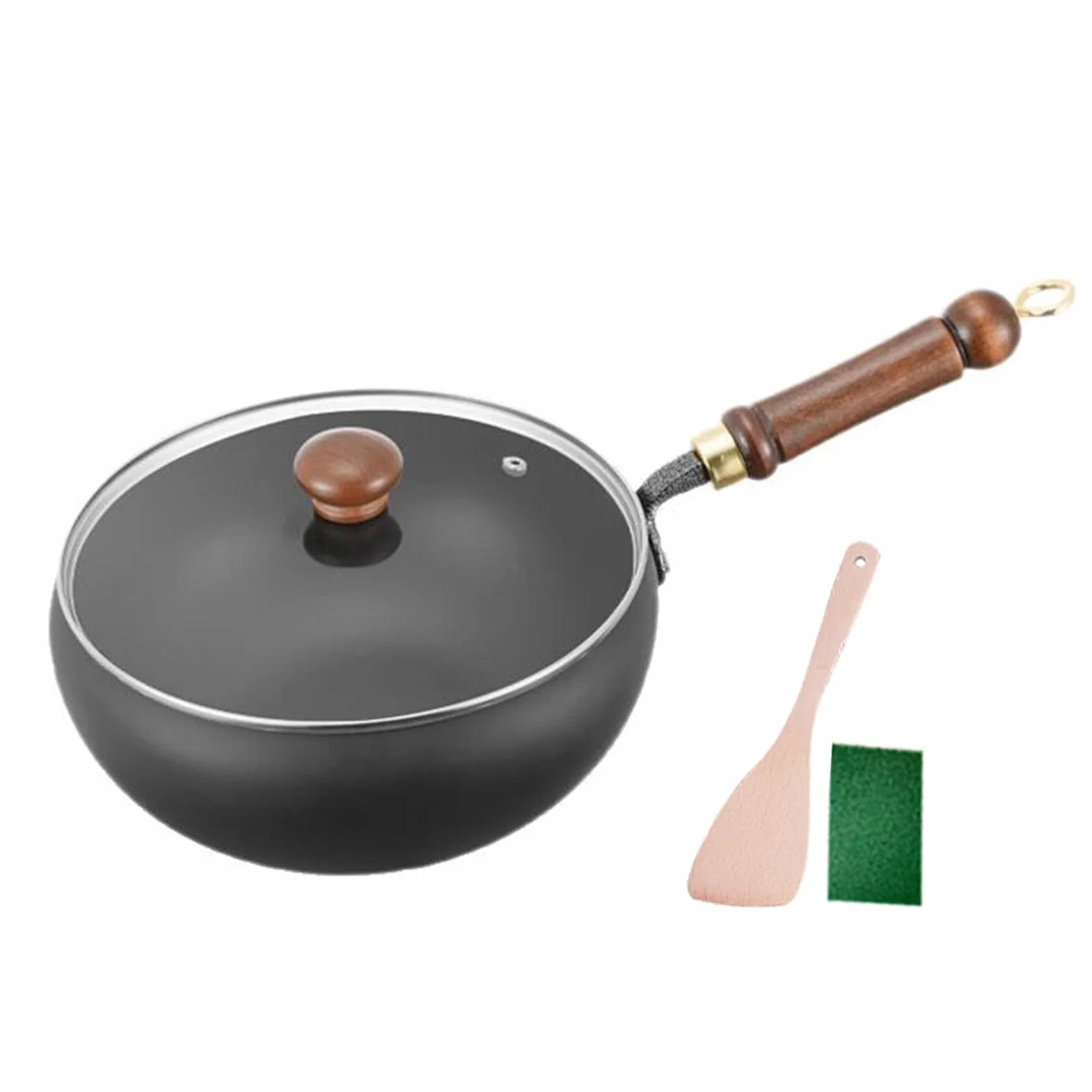 Japońska patelnia żeliwna 9,45 cala, niepowlekana, ręcznie kuta, nieprzywierająca patelnia wok bez powłoki, okrągłe dno, z trwałym drewnianym uchwytem do kuchenek gazowych i indukc