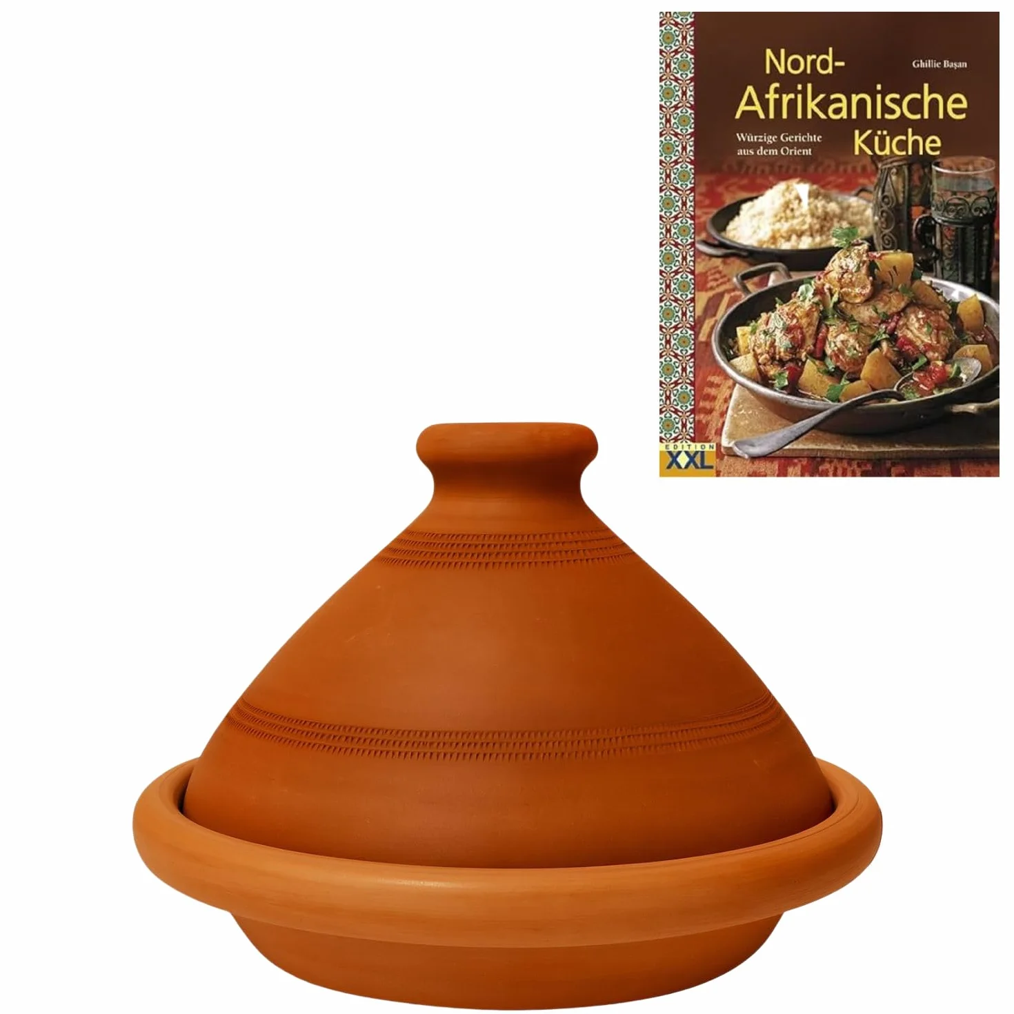 Tajine, z Maroka, w tym książka kucharska kuchni północnoafrykańskiej, gliniany garnek do gotowania, tuareg, ręcznie wykonany z Marrakeszu, wolny od szkodliwych substancji, terakota, Ø 30 cm, dla 4-5