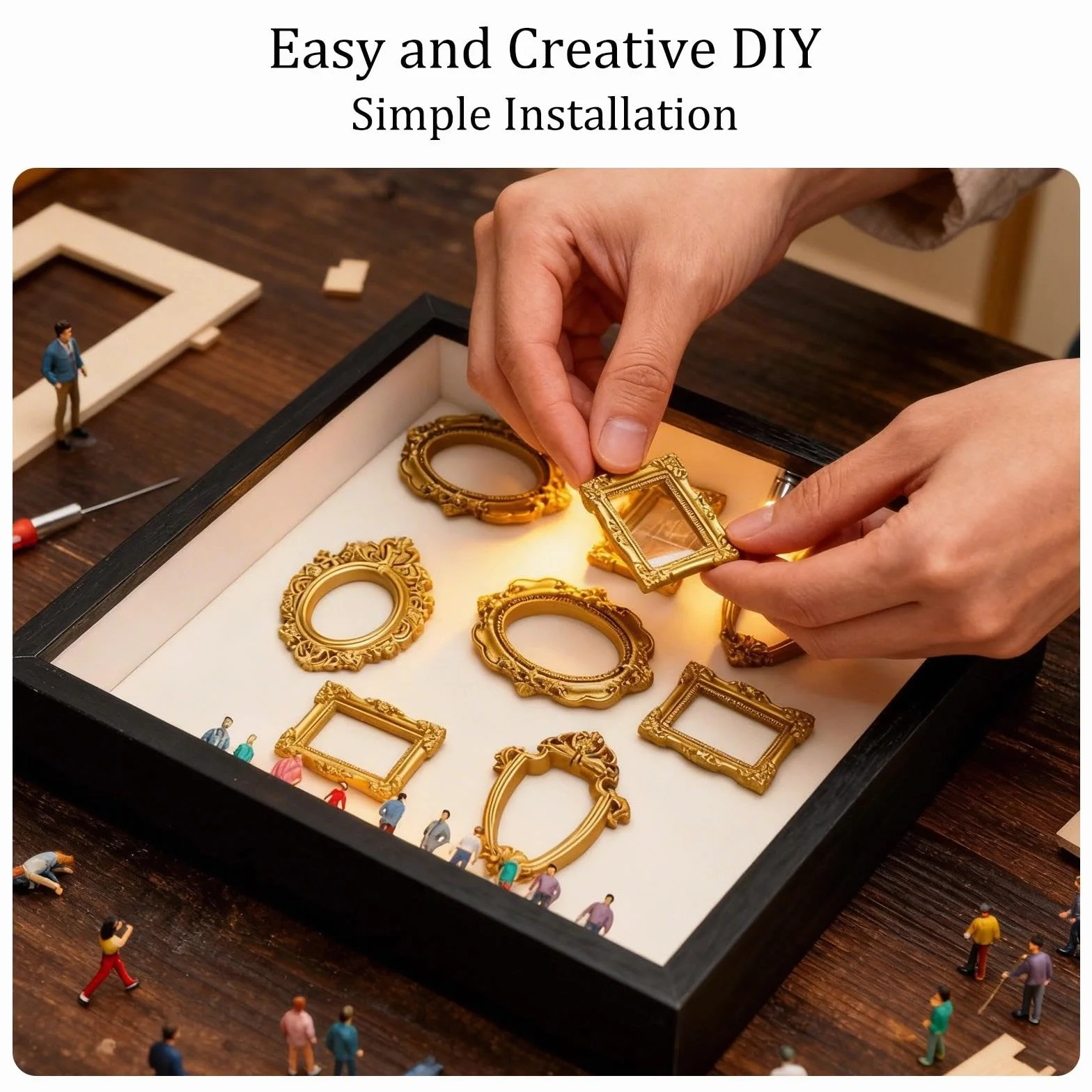 Mini muzeum DIY Silhouette Box, zestaw do ekspozycji zdjęć i wspomnień z 8 mini złotymi ramkami, 10 mini figurkami ludzi, kreatywna ramka na zdjęcia do wypełnienia z oświetleniem LED, na rocznicę