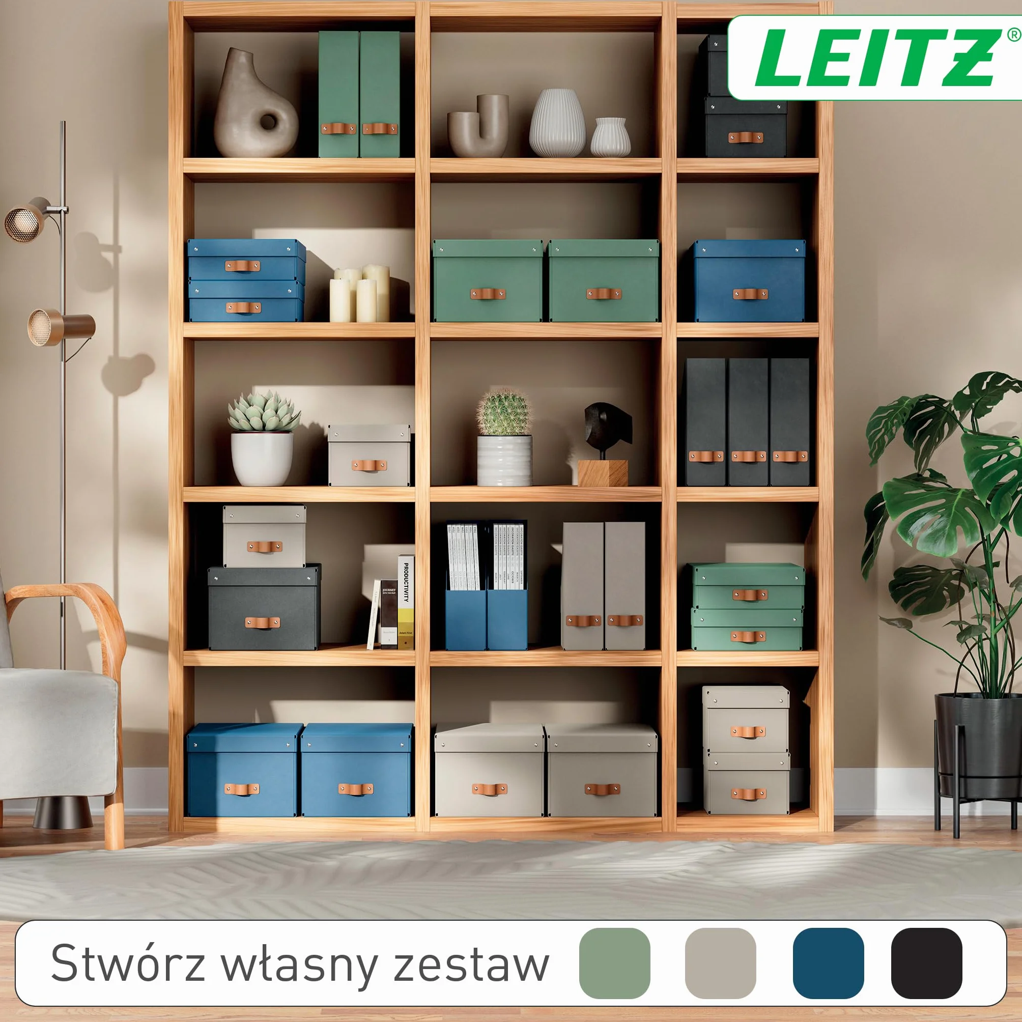 Organizer na Dokumenty Leitz Puro – Zestaw 2x Stojak na Gazety A4, Kompatybilnych z Regałami Modułowymi i Półkami, Pomieści 900 Arkuszy (80 g/m²), 10 x 26 x 31 cm, Beżowy