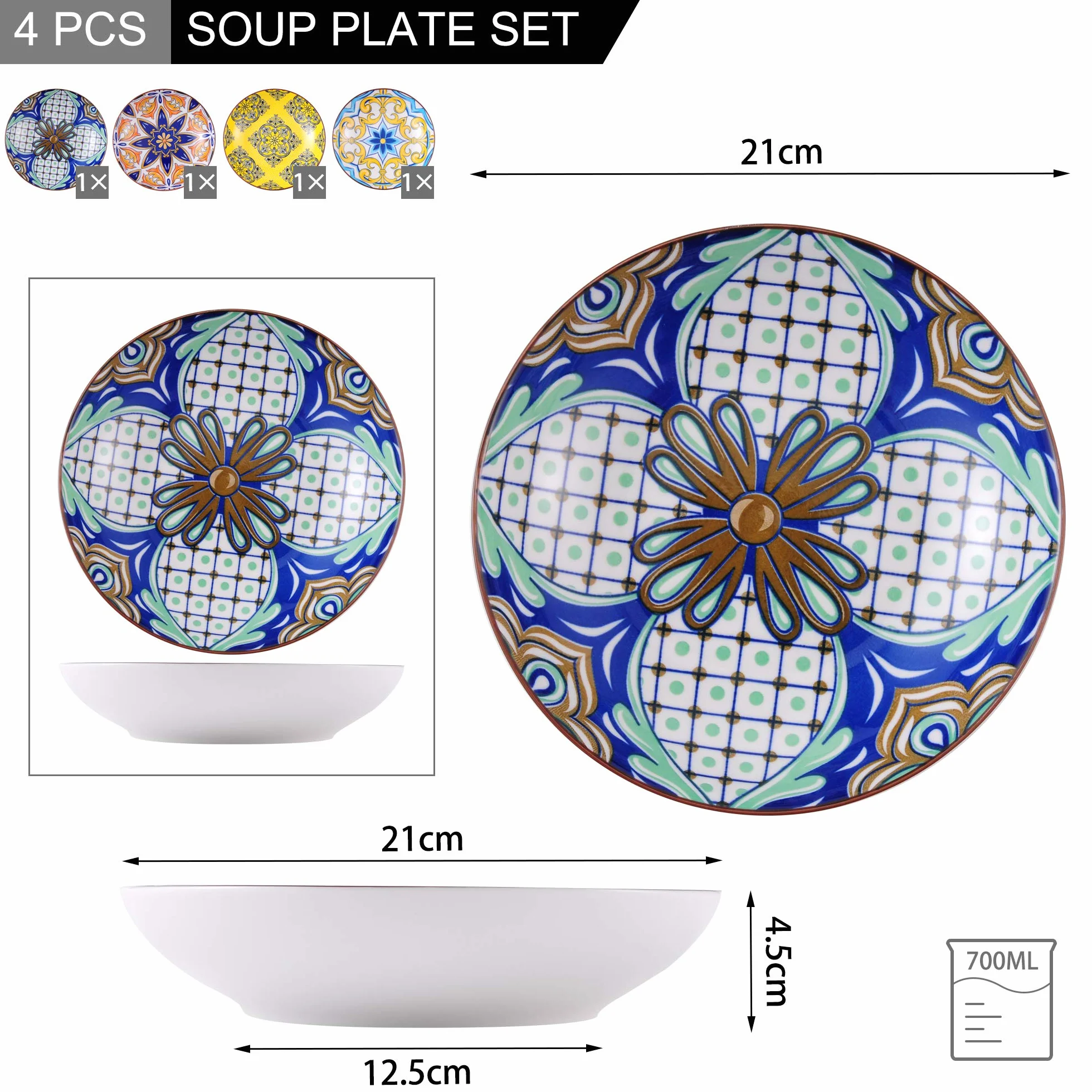 Vancasso Jasmin Zestaw Porcelanowych Misek do Makaronu i Zupy, 920 ml, Układane w Stos, Odporne na Odpryski i Pękanie, 4 Talerze, Styl Marokański