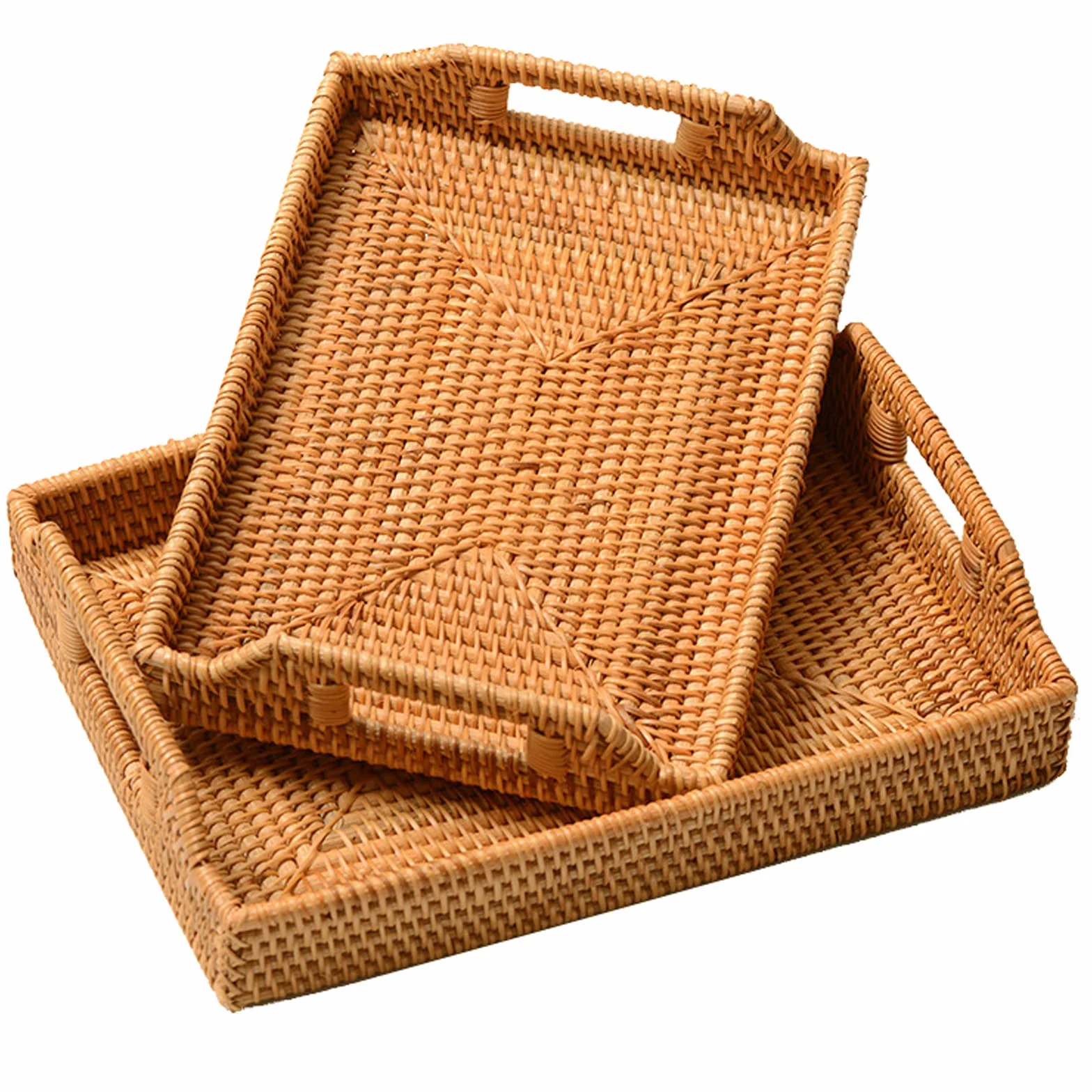 I-lan rattanowy prostokątny kosz do serwowania z uchwytem, 38 x 26 x 5 cm, tkany dekoracyjny kosz jutowy na stół, otomanę, toaletkę, blat kuchenny, naturalny brąz, rozmiar S + L