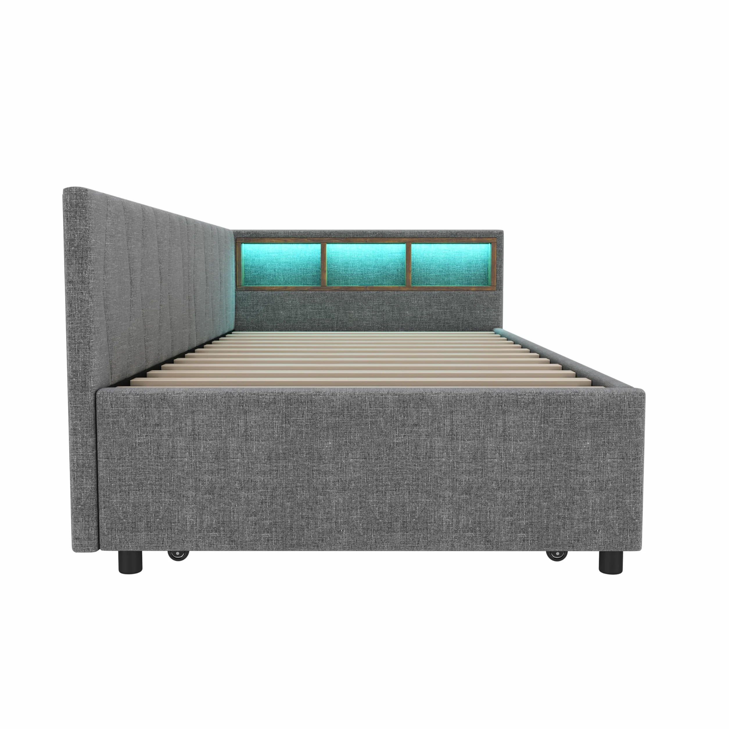 Dolamaní Łóżko tapicerowane 90 x 200 cm z LED i USB-C, stelażem i łóżkiem wysuwanym, lniane