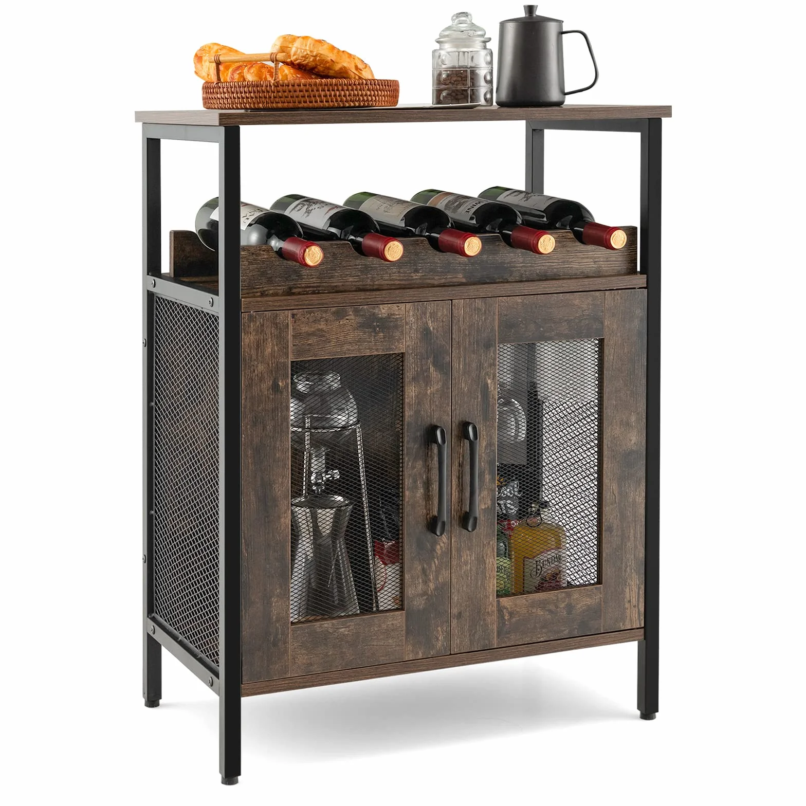 COSTWAY Szafka na wino, szafka kuchenna ze zdejmowanym regałem na wino i wbudowanymi uchwytami na szkło, komoda drewniana, kredens 60 x 34 x 79 cm (ciemnobrązowa)