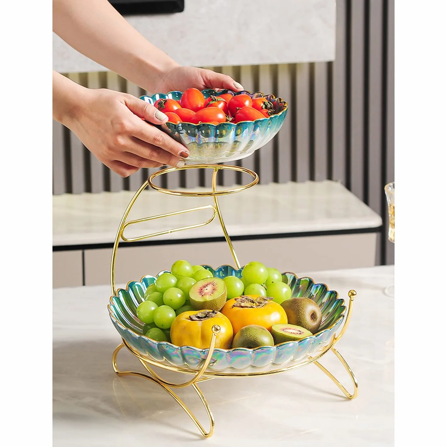 Miska na owoce, Lekki 2-poziomowy ceramiczny talerz na suszone owoce, wysokiej klasy stojak orzechy i jagody, przekąski, taca do przechowywania cukierków dekoracji salonu w domu/taca