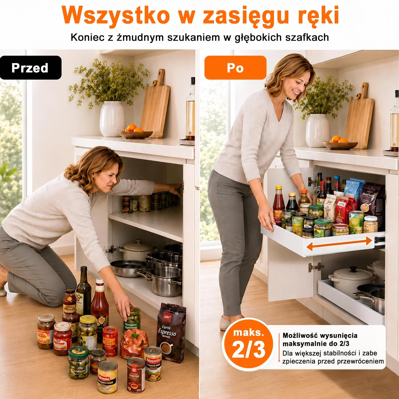 PNNP Wysuwana szuflada do kuchni: Szafa teleskopowa - wysuwane kosze kuchenne o regulowanej szerokości (32-53 cm szer. x 43 cm szer. x 7 cm) - biały
