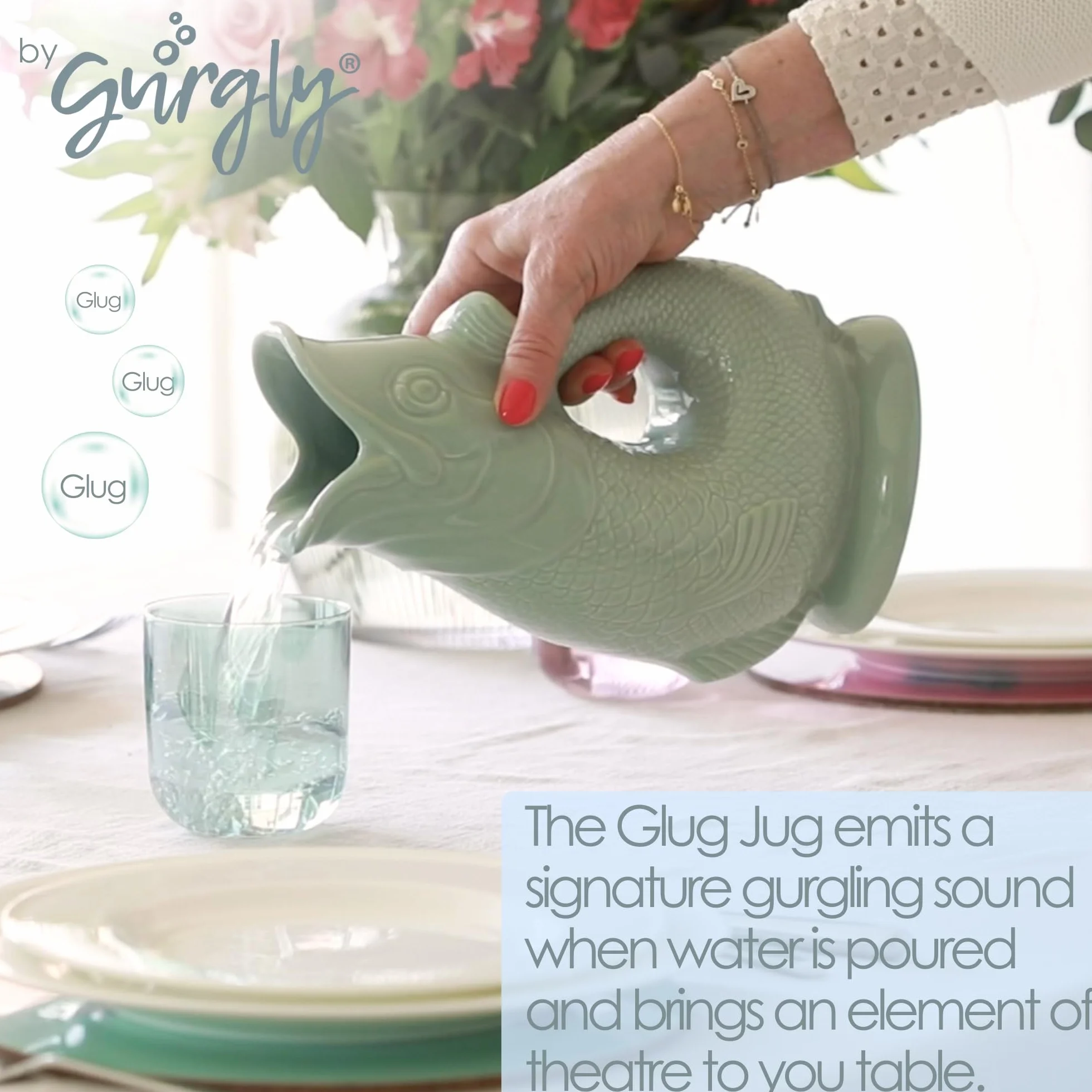 Iconic Sage Green Glug Dzbanek Duży 28 cm 1,4 l - Dzbanek na Wodę Rybną, Dekoracyjny Wazon Ryby, Ozdoba, Karafka