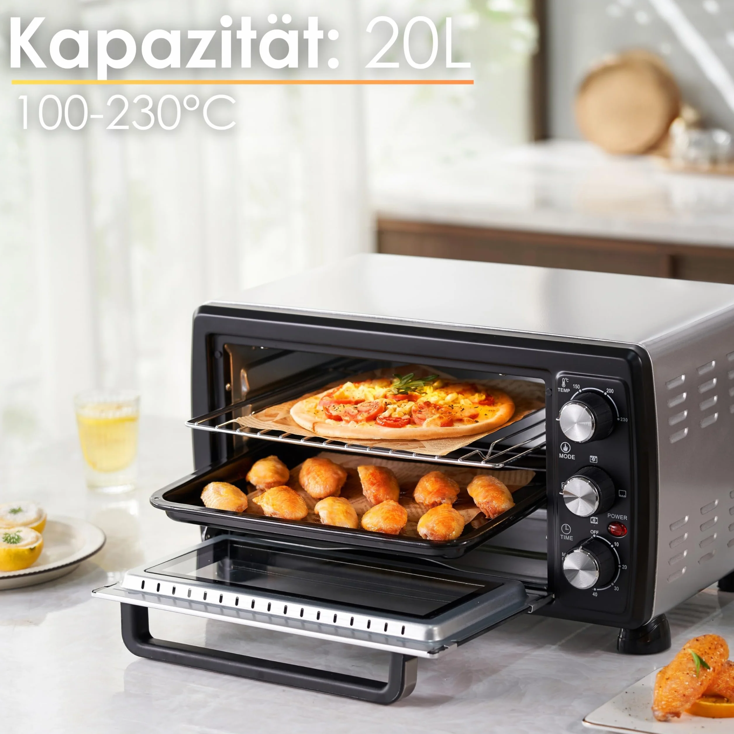 Mini piekarnik 20 l, piec do pizzy, mini piekarnik 3 w 1, z termoobiegiem, wyjmowana blacha na okruchy, 1400 W, grzanie górne/dolne, stal nierdzewna, timer 60 min