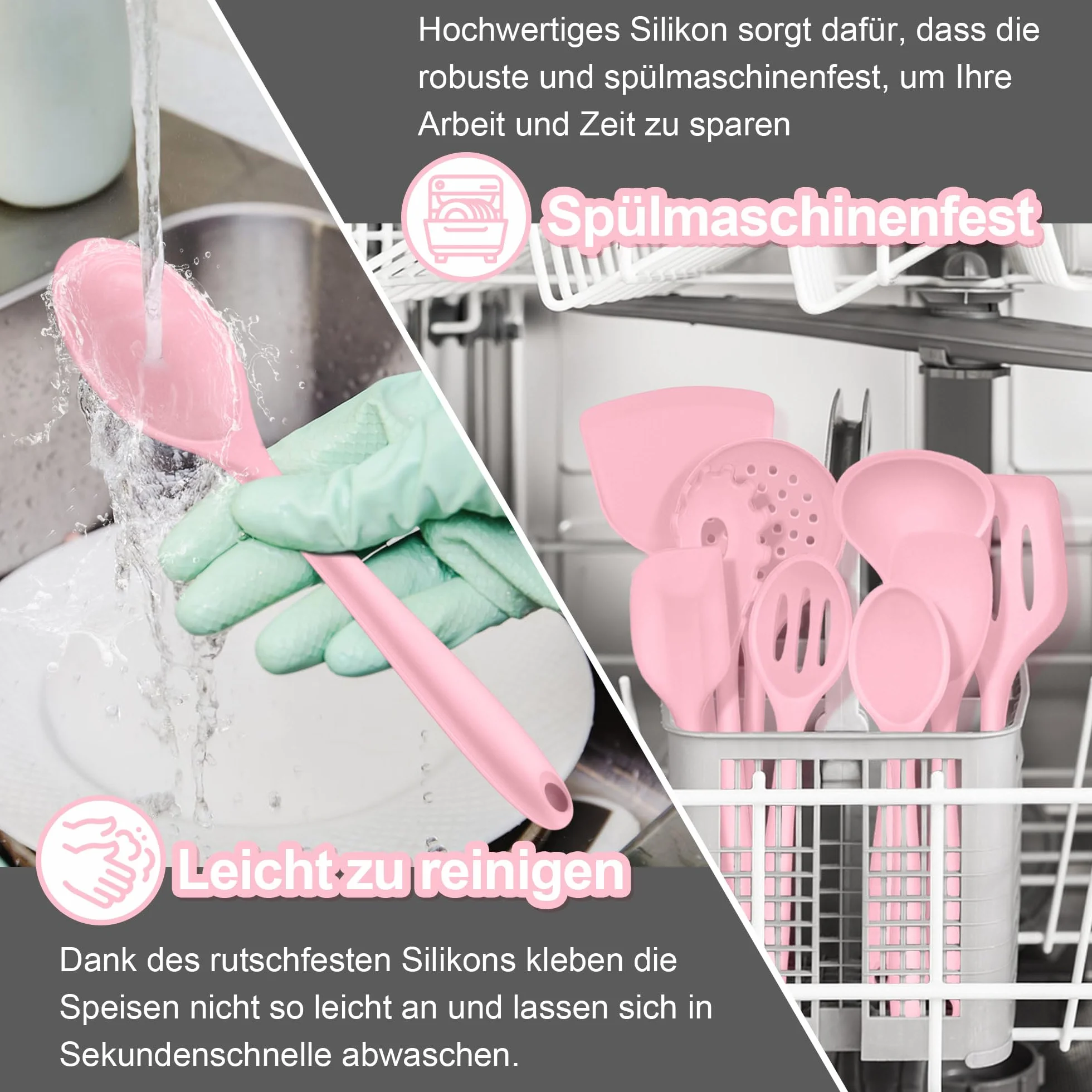 Homikit Silikonowy zestaw przyborów kuchennych, 16 sztuk, odporne na wysokie temperatury, różowe przybory kuchenne z uchwytem na przybory, zdrowe i nieprzywierające, nadają się do mycia w zmywarce