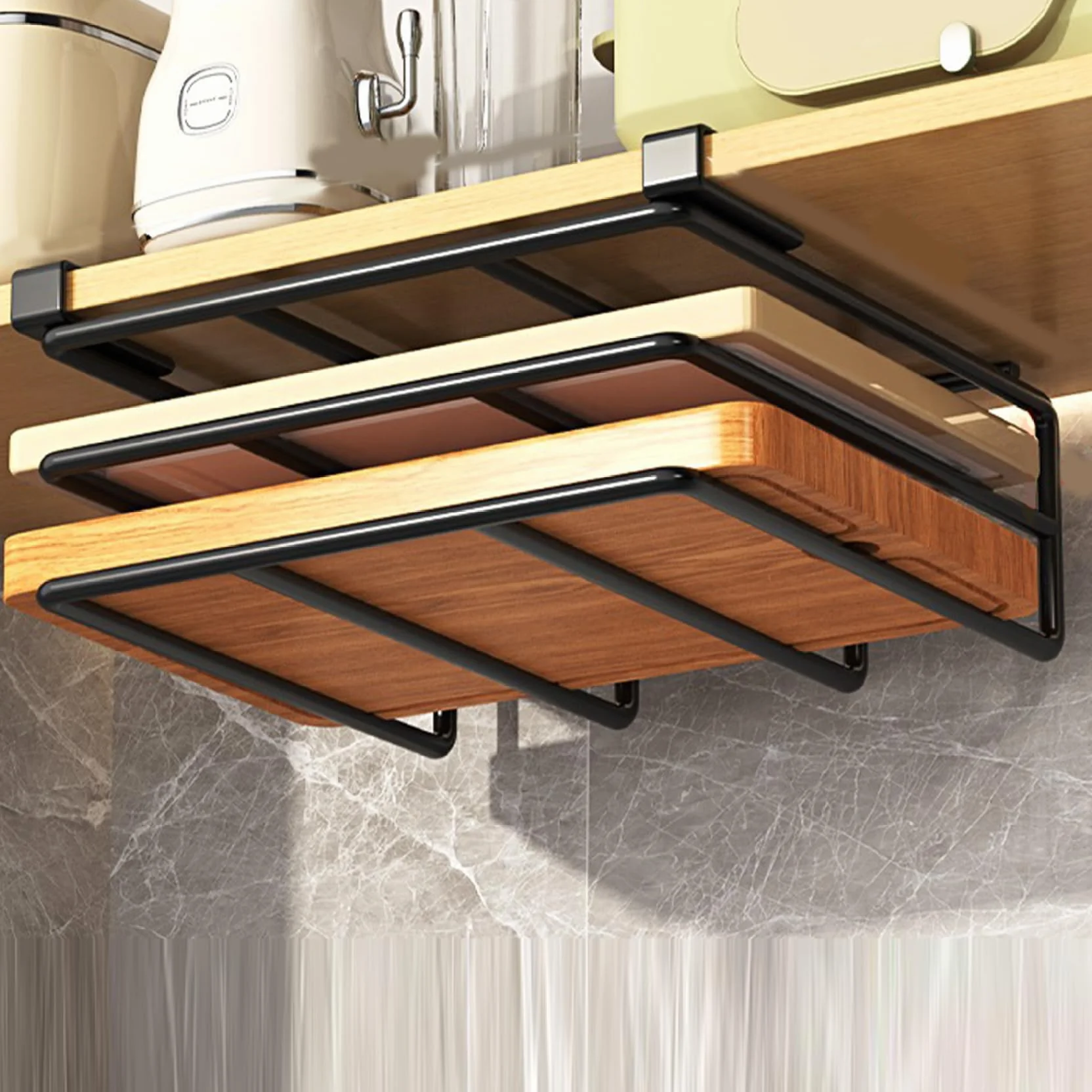 Stojak na deskę do krojenia pod szafkę uchwyt na deskę do krojenia metalowa deska do krojenia Organizator oszczędność miejsca pod półką Chopping Board Holder Heavy Duty Cutting Board czarny