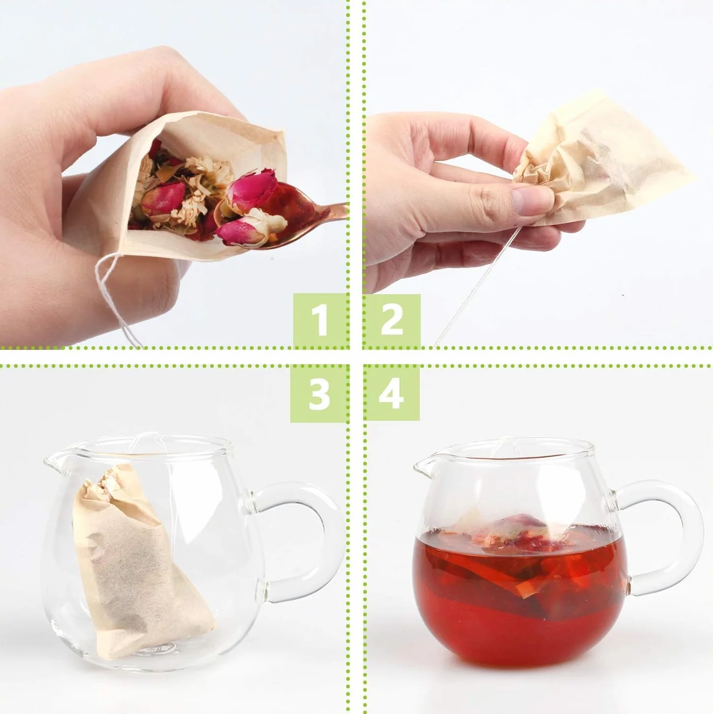 100 szt. jednorazowych torebek do herbaty liściastej, 100% naturalny materiał papierowy z pulpy drzewnej, puste niebielone worki filtrujące ze sznurkiem (9 x 7 cm)