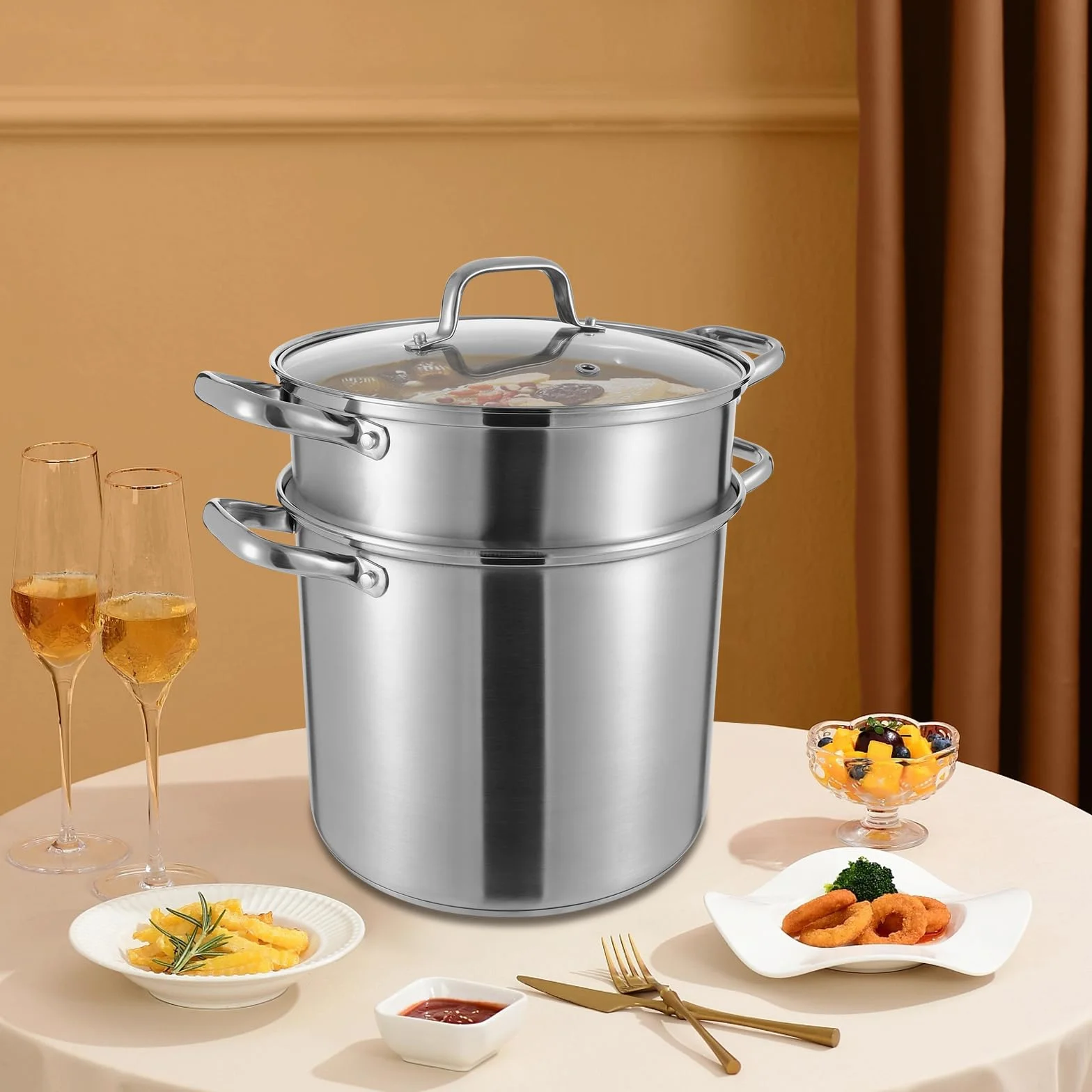 Garnek do gotowania, 8 l, duży garnek ze stali nierdzewnej, z koszem do smażenia i wkładką na parze, garnek do zupy do kuchenek gazowych, indukcyjnych, halogenowych i elektrycznych, nadaje się do