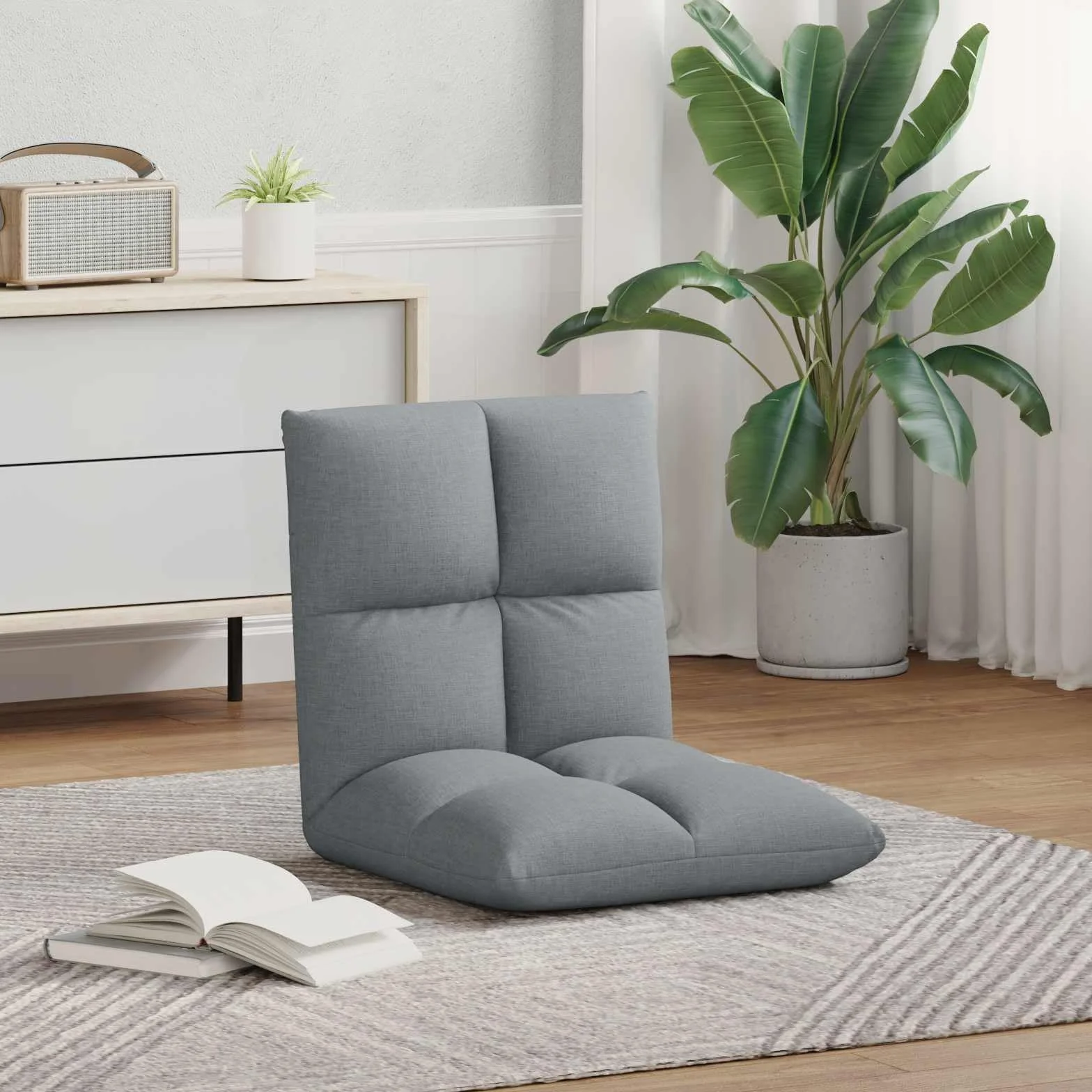 Regulowane krzesło podłogowe, jasnoszare materiał z ergonomicznym oparciem, wyściełane, składane, do salonu, gier, jogi, czytania, mediacji, wszechstronnego zastosowania, poszewka nadająca